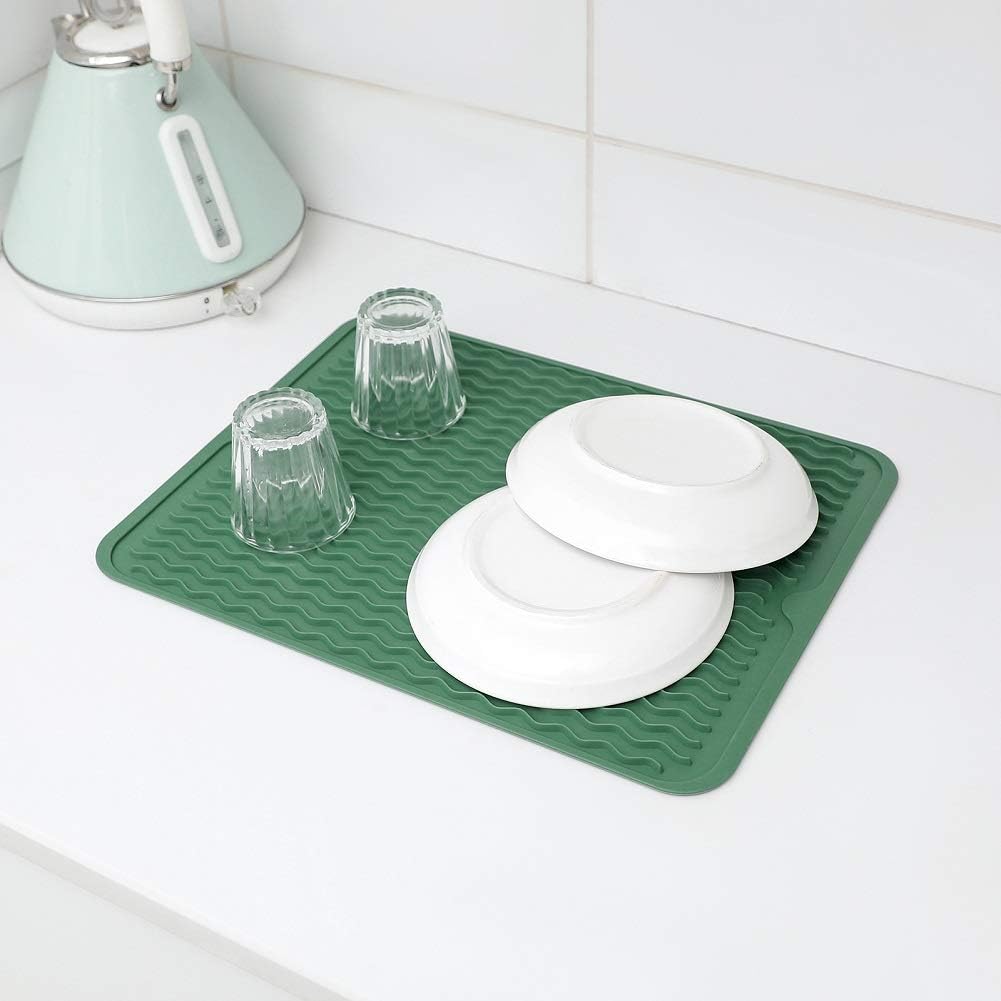 Silicone Dish Drying Mat for Multiple Usage,Easy clean,Eco-friendly,Heat-resistant Silicone Mat for Kitchen Counter or Sink,Refrigerator or drawer liner Green L 16 inches x 12 inches