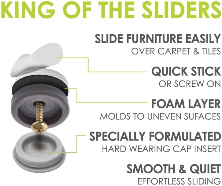 GorillaGlides CB193 3/4 Inch Chair Glides/Furniture Feet Floor Protectors (Set of 16 Sliders) Self-Adhesive Screw-On Glides for Sliding on Hard Surface Flooring and Low-Pile Carpet, Round