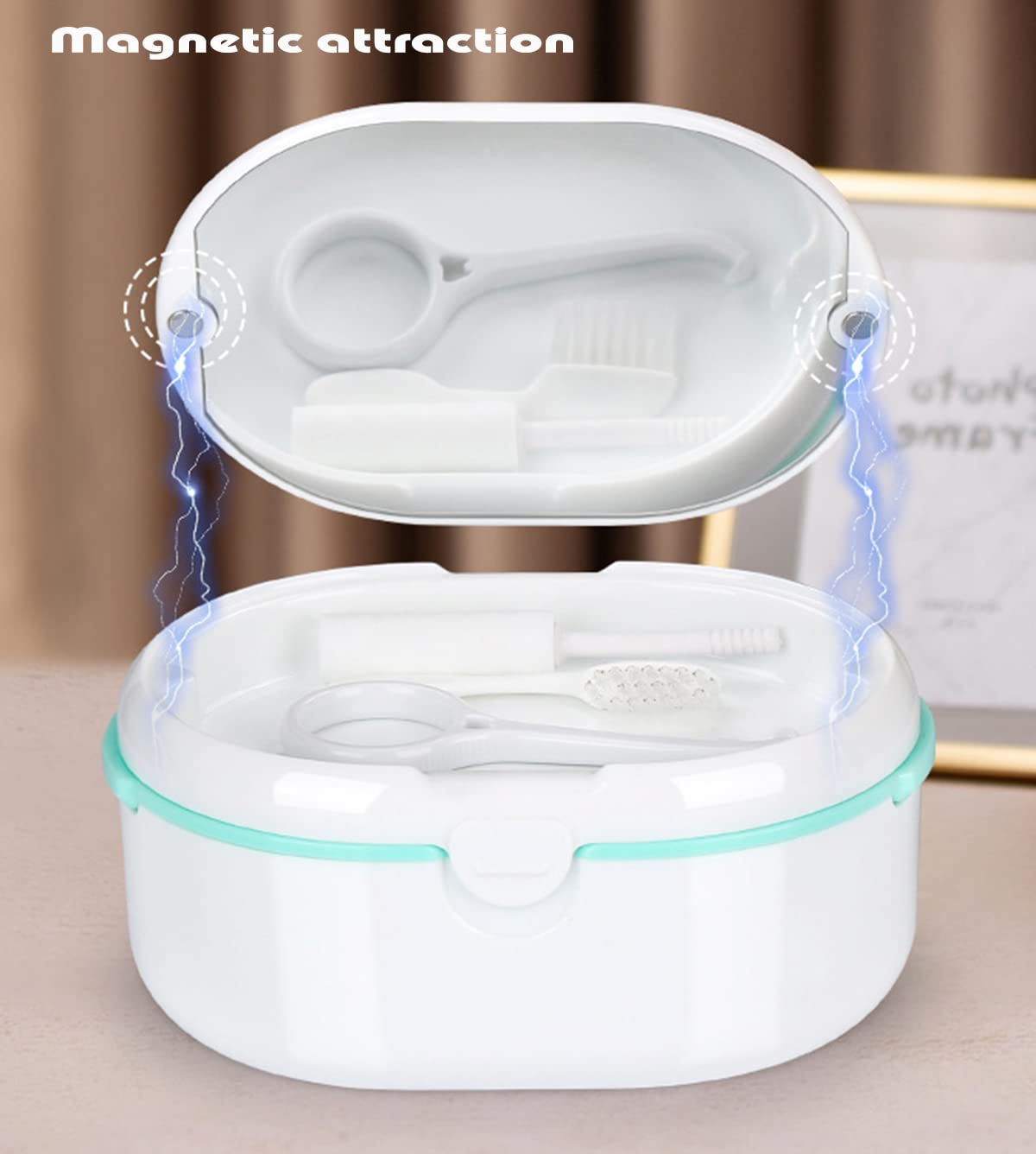 MURRI&MURRDI Retainer Case, Denture Bath Box with Strainer Basket, Mouth Guard Case, Braces Cleaner Cup, Cute Retainer Holder Denture Storage Soak Container for Travel Cleaning (D White)