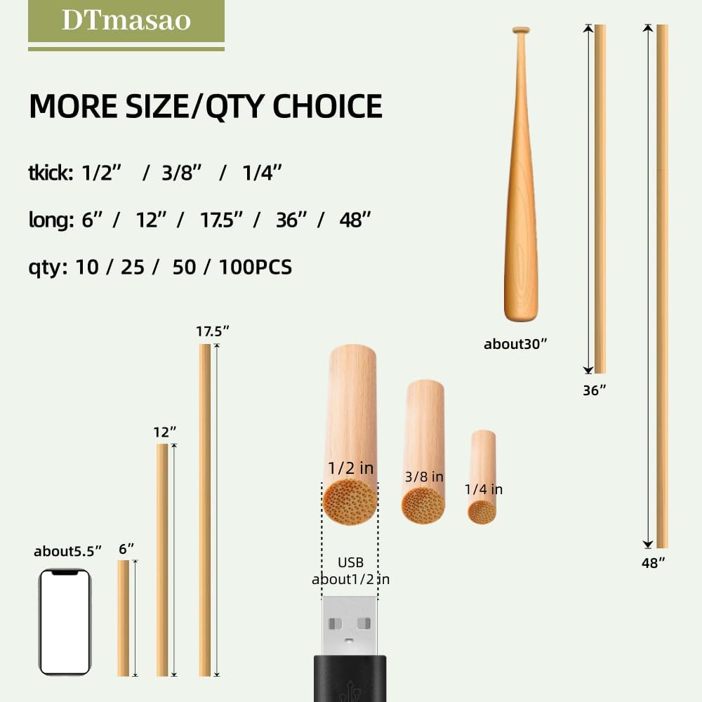 3/8 x 6 Inch 50 PCS Dowel Rods Wood Sticks Wooden Dowel Rods - Unfinished Bamboo Sticks - for Crafts and DIYers