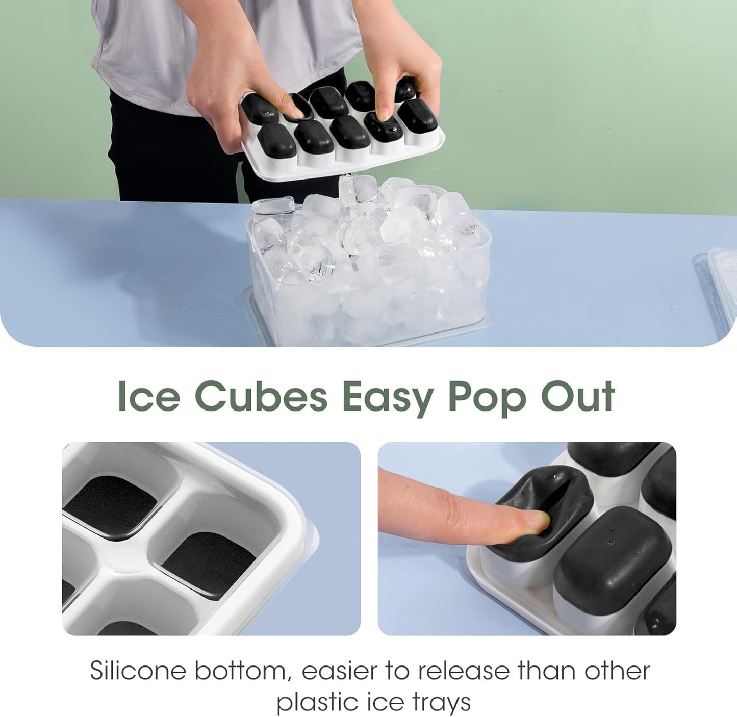 DOQAUS Ice Cube Tray with Lid and Bin, 4 Pack Silicone Plastic Ice Cubes Trays for Freezer with Box/Container, Stackable with Storage Iced Bucket Kits, Scoop, for RV, Soup, Food, Cocktail, Coffee