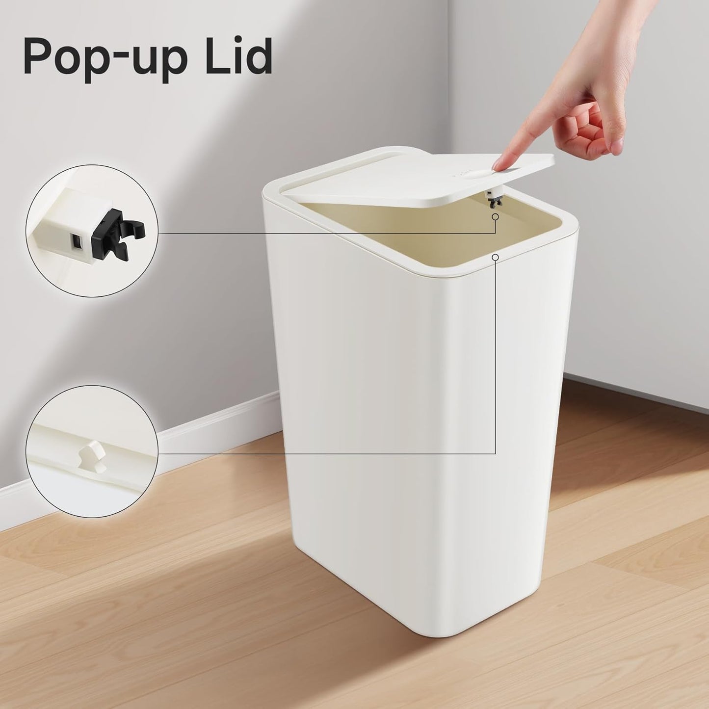 TIPGO Bathroom Trash Can with Lid, 4 Gallon / 15 Liter Small Garbage Can, Press Top Bin, Plastic Wastebasket with Pop-Up Lid for Bedroom, Living Room, Office (White)