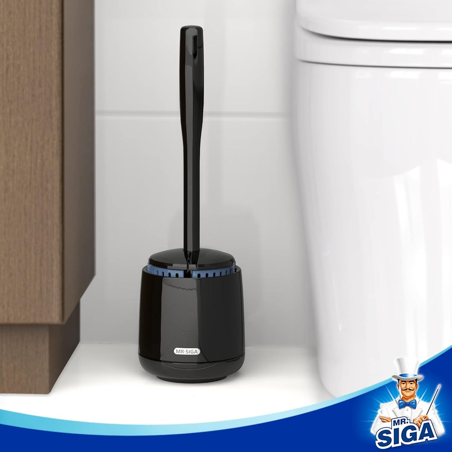 MR.SIGA Toilet Bowl Brush and Holder, Premium Quality, with Solid Handle and Durable Bristles for Bathroom Cleaning, Black, 1 Pack