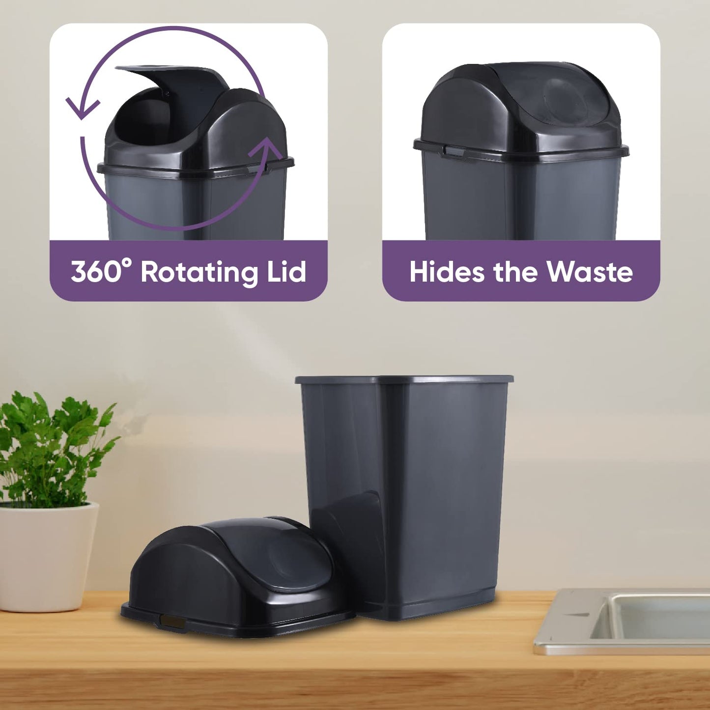 Superio Mini Desktop Trash Can with Swing Top Lid Portable Plastic Garbage Can for Countertop, Desktop, Make up Vanity, Bathroom, Car, Under Sink, Dorm Compact Waste Bin 5 L 1.25 Gal (2, Grey)