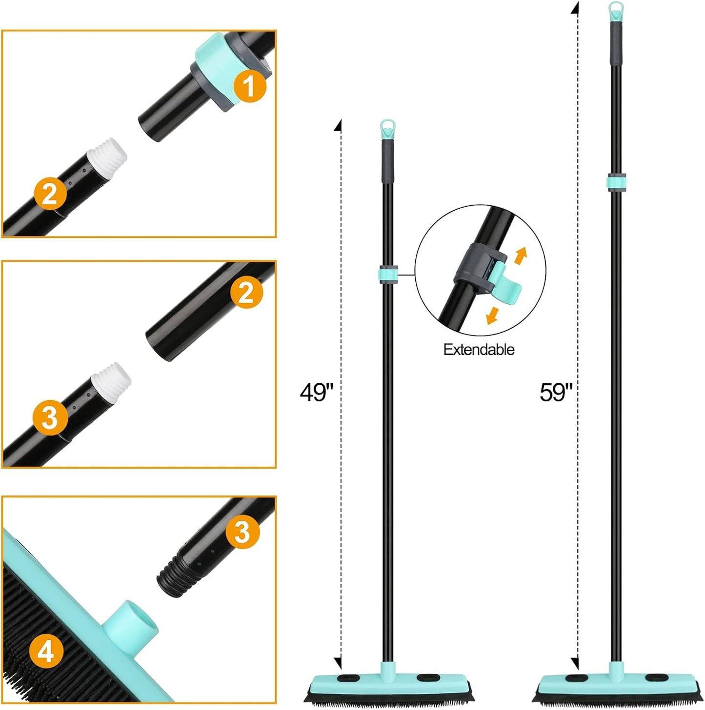 Rubber Broom Carpet Rake for Pet Hair Removal, Fur Remover Broom with 59" Telescoping Long Handle, Pet Hair Broom with Squeegee for Carpet, Hardwood Floor, Tile