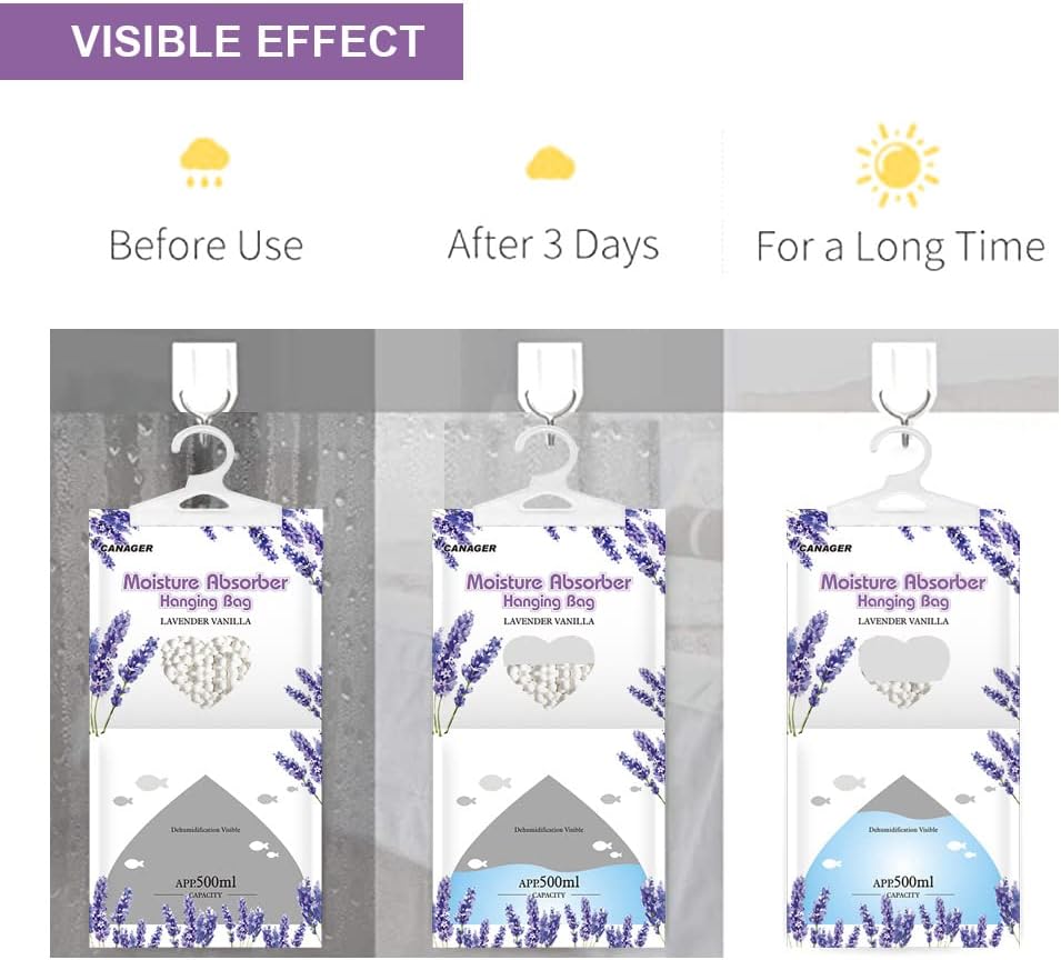 CANAGER Moisture Absorber -12 Pack,Lavender Vanilla Hanging Humidity Bag,Home,Car, and Closet Dehumidifiers and Deodorizers (12.5OZ)