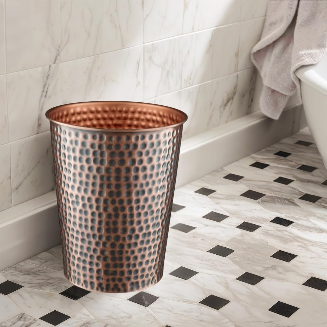 Monarch Abode Handcrafted Metal Wastebasket Trash Can for Home Office Bedroom, Decorative Wastebasket, Modern Bathroom Decor, Durable, Hand Hammered, Antique Copper Finish