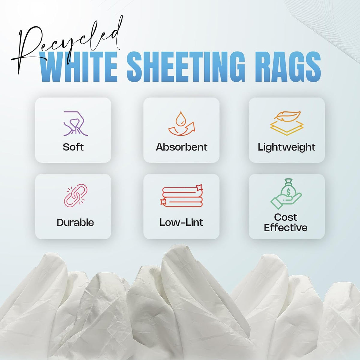 Recycled White Sheeting Cleaning Rags (600 lbs. Pallet 12x50 lbs. Box) โ Lint Free White Cotton Cloths for Manufacturing | Automotive | Janitorial | Shop Rags Bulk - Multipurpose
