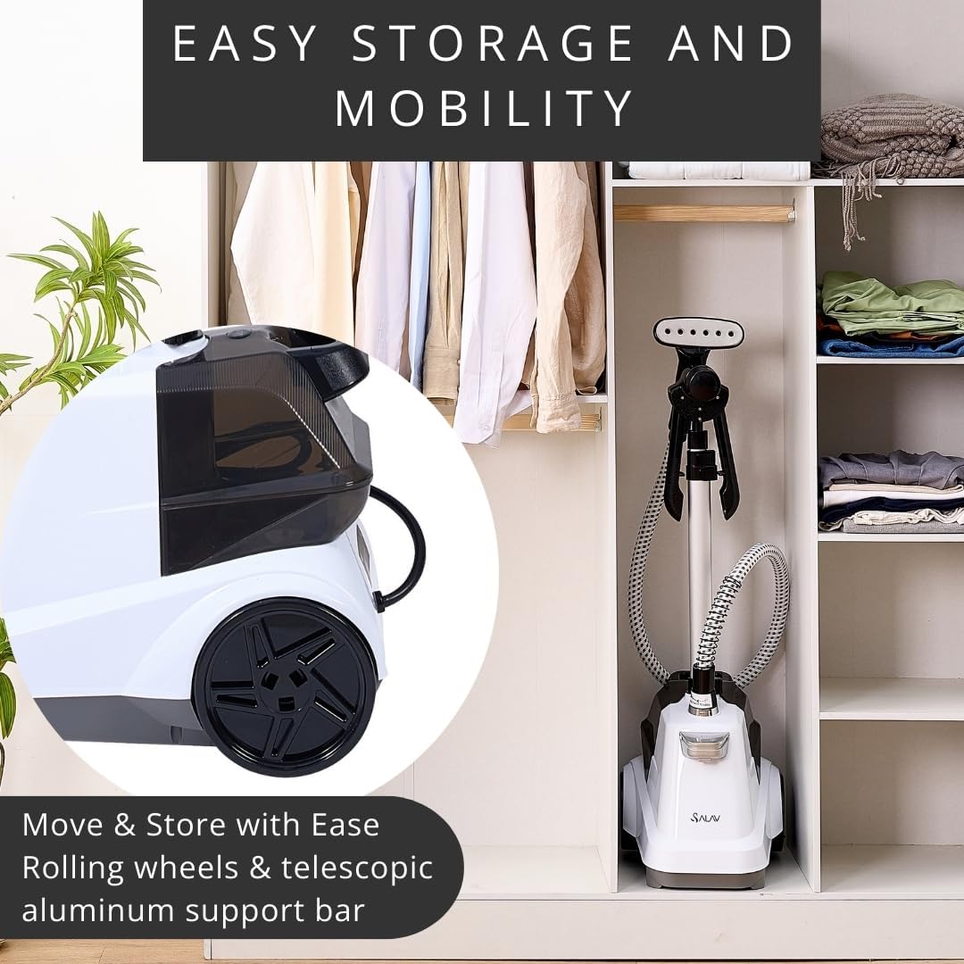 SALAV® Heavy Duty Smart Auto Shut-off Commercial Full-Size Garment Steamer, Beeping Alert when Water Runs out, Foot Pedal Control, XL 3L (101.5 oz) Tank, 1800 watts, 90+min of Continuous Steam, White