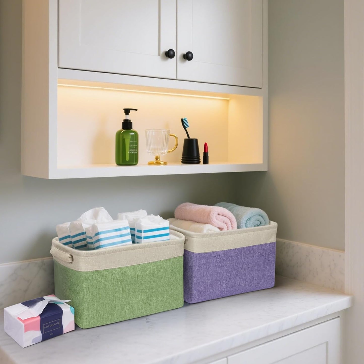 BALEINE 2 Pack Fabric Storage Bins for Shelves, Linen Storage Baskets for Organizing, Decorative Closet Bins for Clothes, Home (Skyblue, 12"x8"x8")