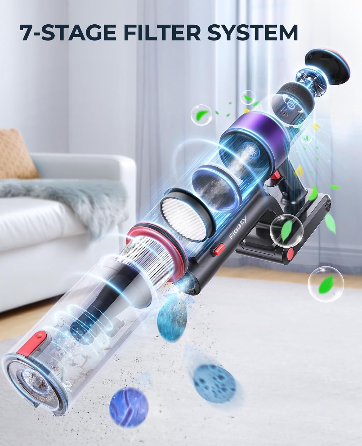 Fieety Cordless Vacuum Cleaner, 550W 45KPA Cordless Stick Vacuum Cleaner with 60Mins Rechargeable Battery, LED Touch Display, Handheld Vacuum Cleaners for Home/Pet Hair/Carpets/Floors