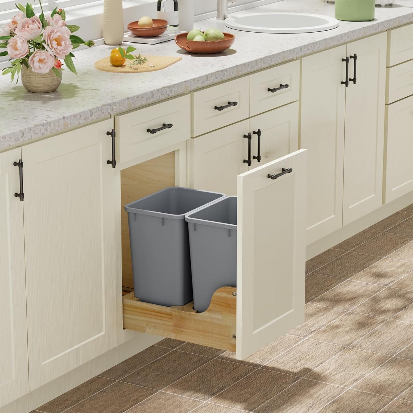 ROOMTEC 35QT Kitchen Trash Can, Lightweight and Sturdy Slim Trash Can, Wastebaskets for Office, Workspace, Kitchen, Bathroom, 2 Packs