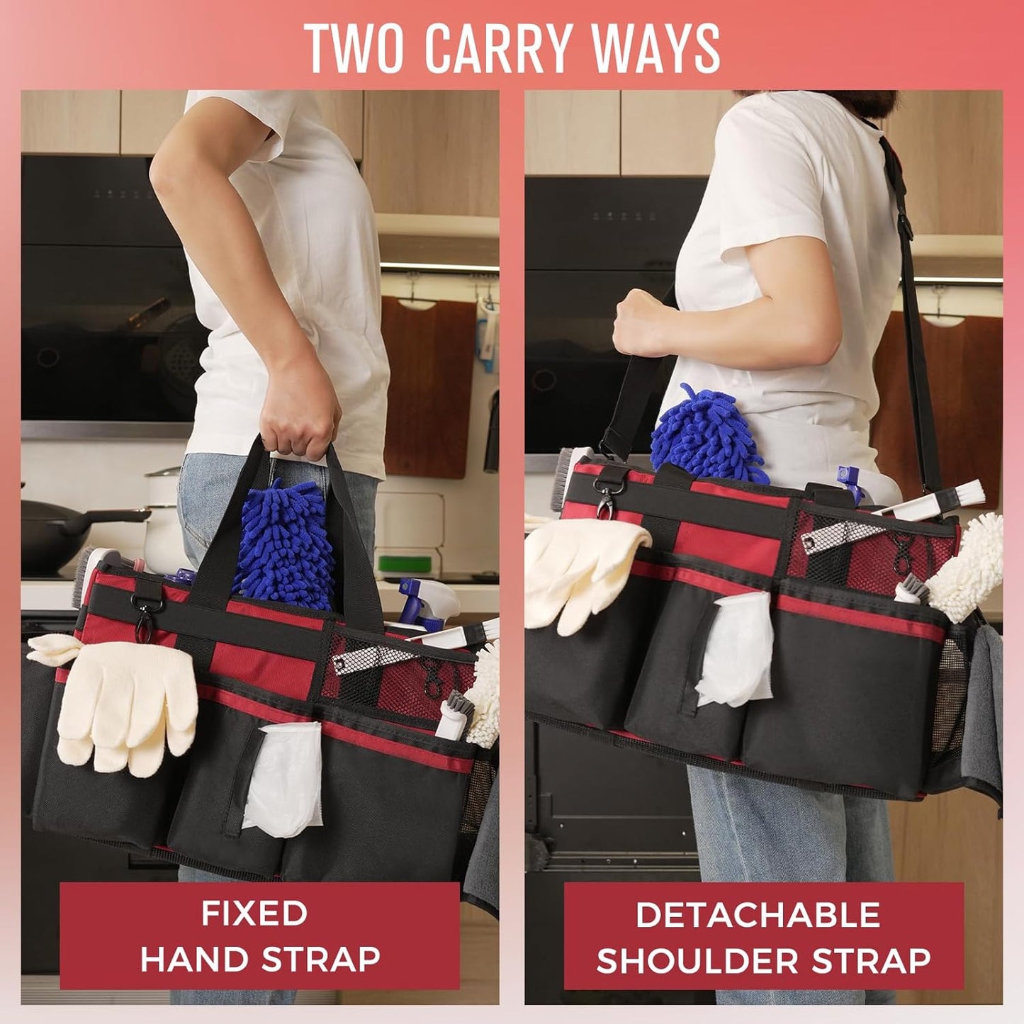 Wearable Cleaning Caddy, Cleaning Caddy Supplies Organizer with Handle & Shoulder Straps for Housekeepers, Under Sink & Car Cleaning Tool Organizers Bag with 4 Foldable Divider (Wine)