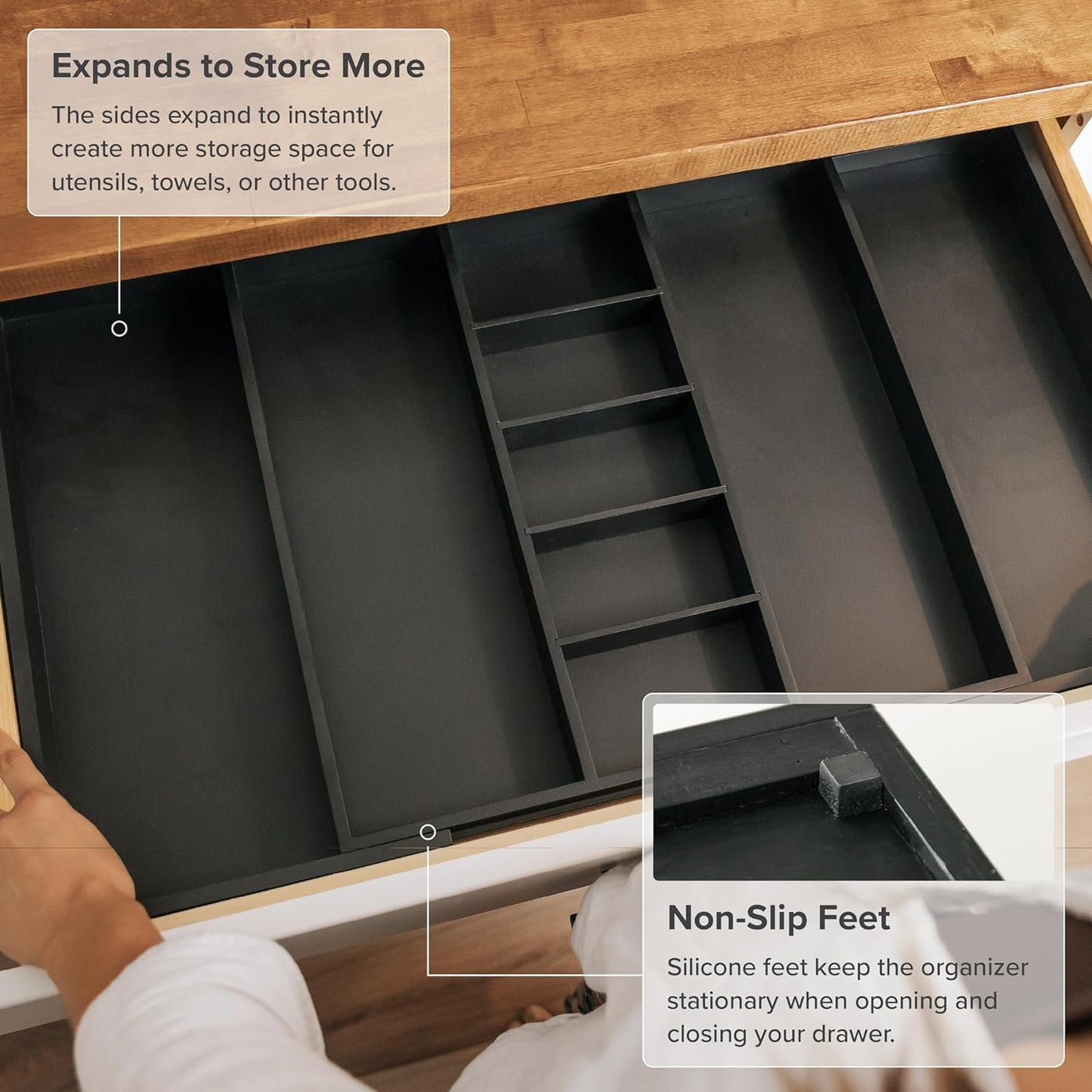 KitchenEdge Adjustable Kitchen Drawer Organizer for Utensils and Junk, Food-Safe Contract Grade with 100% Sustainable Wood, Expandable from 19 to 33 Inches Wide - Black Bamboo