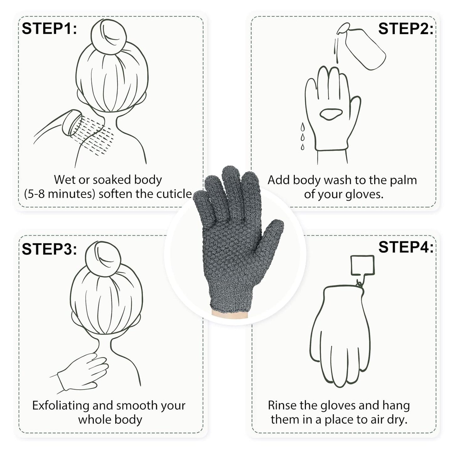 Evridwear Exfoliating Dual Texture Bath Gloves for Shower, Spa, Massage and Body Scrubs, Dead Skin Cell Remover, Gloves with Hanging Loop (1 Pair Gray Heavy Glove)