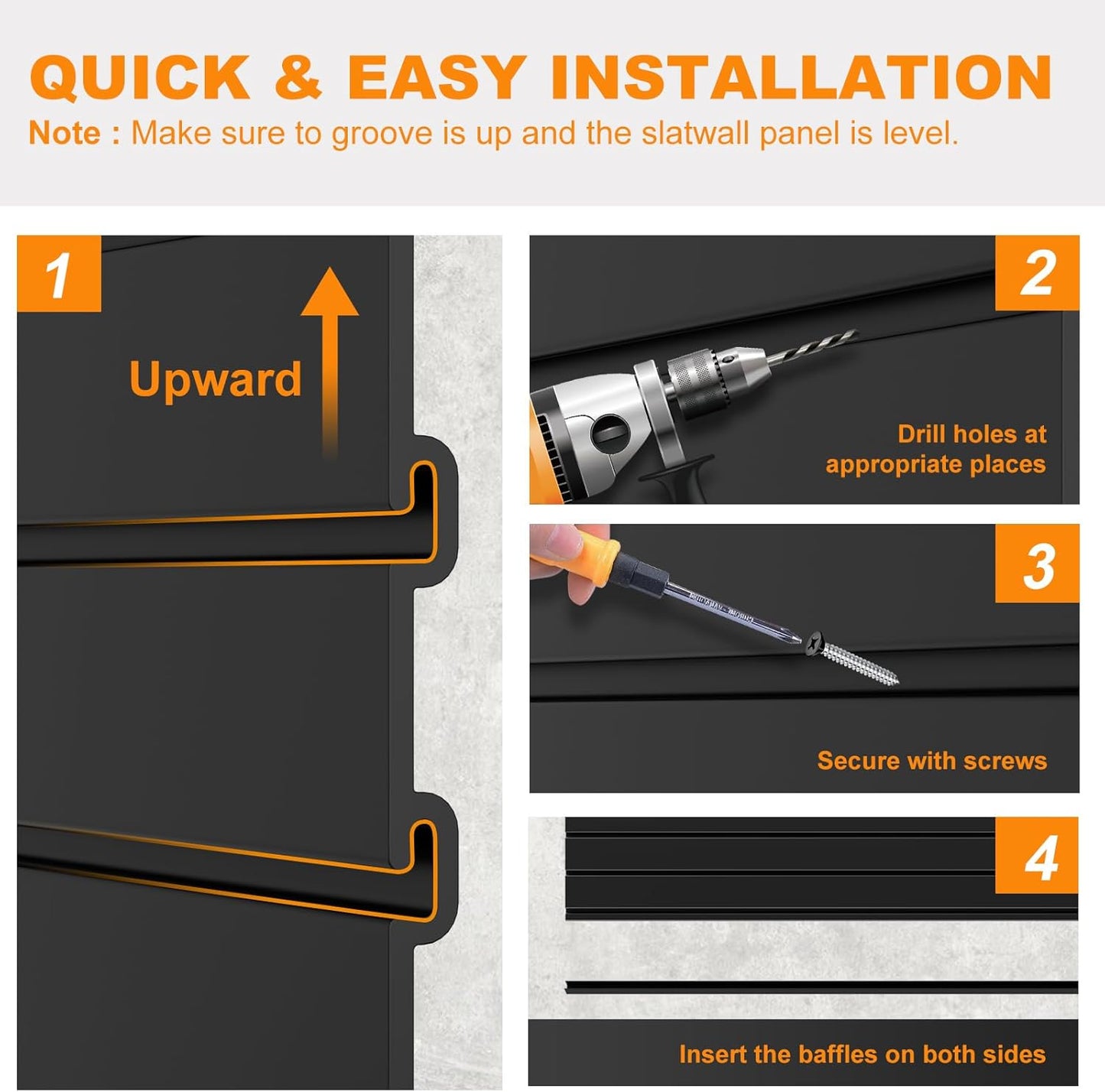 DoCred Slatwall Paneling Organizer, 4x4 FT PVC Garage Slat Wall Storage Systems, Heavy Duty Mounted Slat Peg Board for Tool Organization Ladder Bike Includes 27 PCS Hooks Accessories Kit (Black)