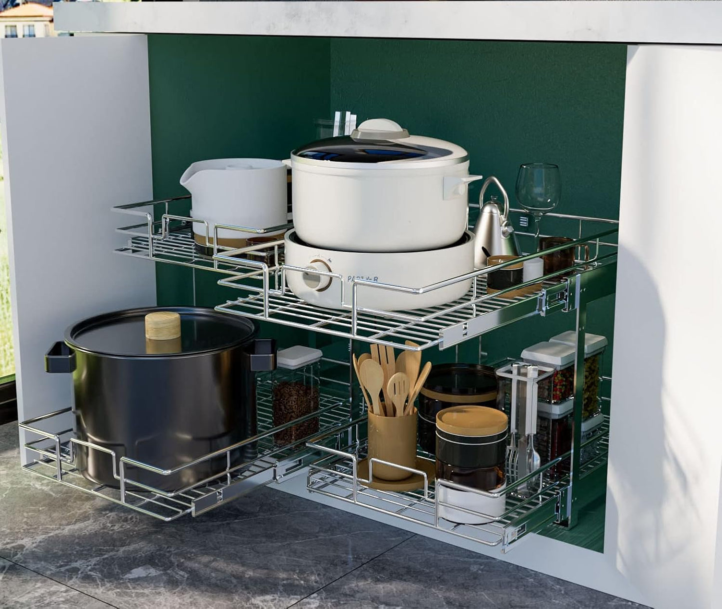 LOVMOR 2 Tier Individual Pull Out Cabinet Organizer 15½" W x 21½" D, Slide Out Kitchen Cabinet Storage Sliding Shelves
