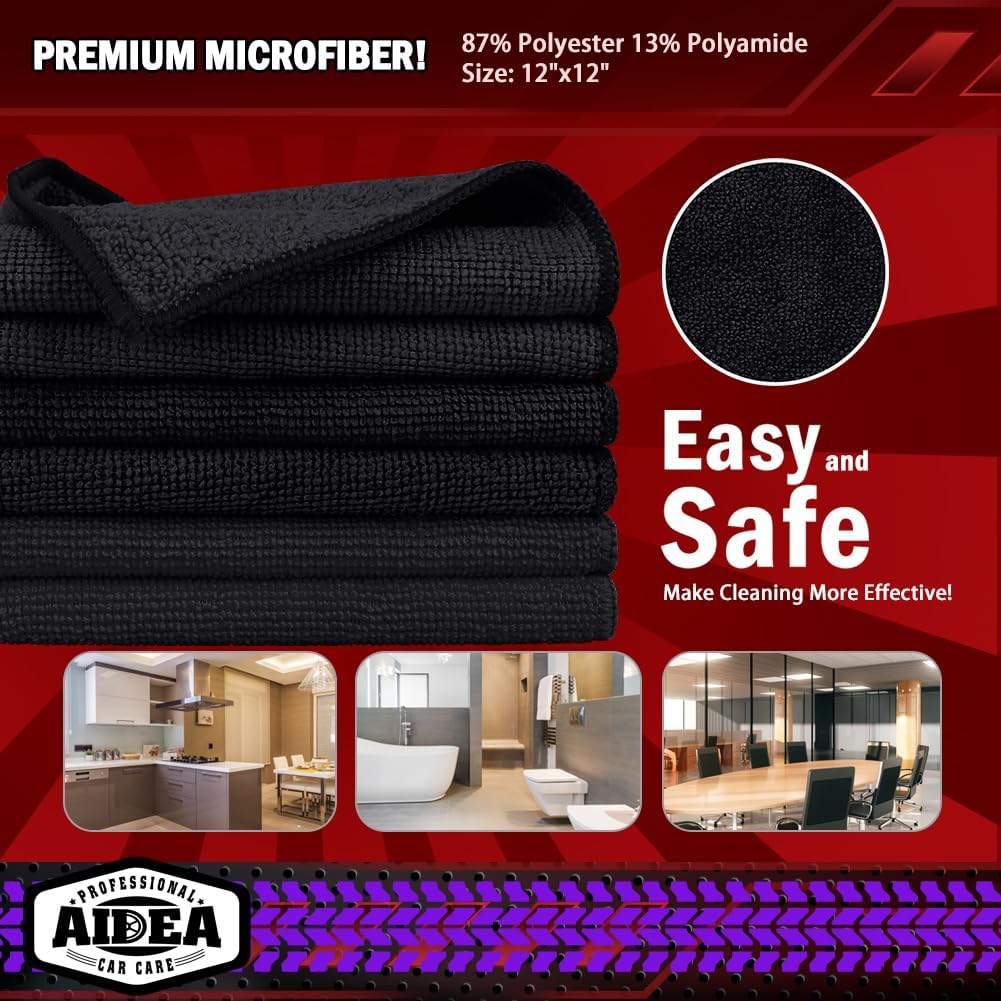 AIDEA Microfiber Cleaning Cloth Black 10PK, Microfiber Towels for Cars, Premium Wash Cloths, Dusting Cloth Lint Free Cleaning Rags for SUVs, House, Kitchen, Window, Cleaning Supplies12×12"