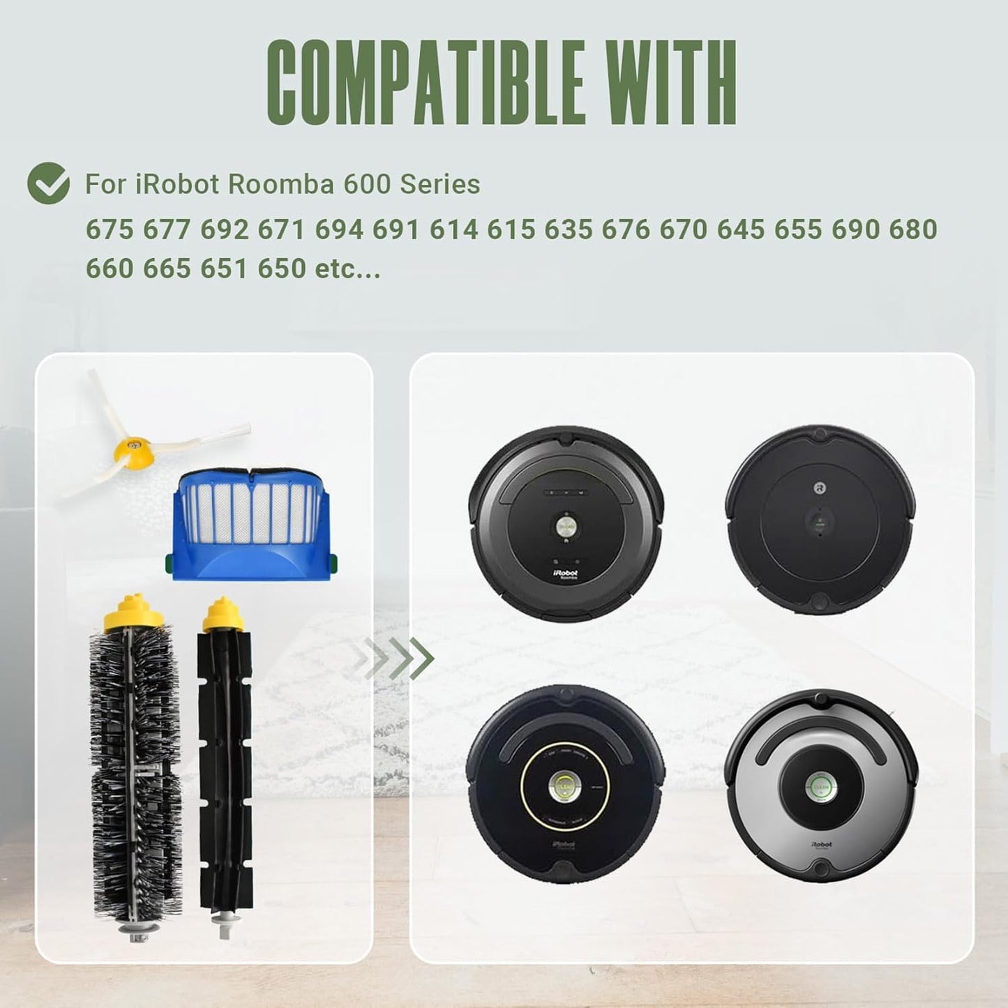 Replacement Parts Accessories Kit for iRobot Roomba 675 694 692 614 670 677 671 691 676 639 679 615 600 Series Robot Vacuum Attachment, 1 Bristle Brush, 6 Side Brush, 4 Filter