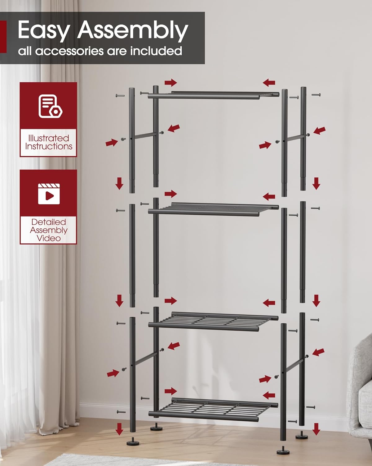 Storage Shelves - 4 Tier Shelf Organizer, Sturdy Metal Garage Shelving with Adjustable Leveling Feet, Space-Saving Shelves Organizer for Pantry, Laundry, Kitchen (18" x 12" x 44", Black)