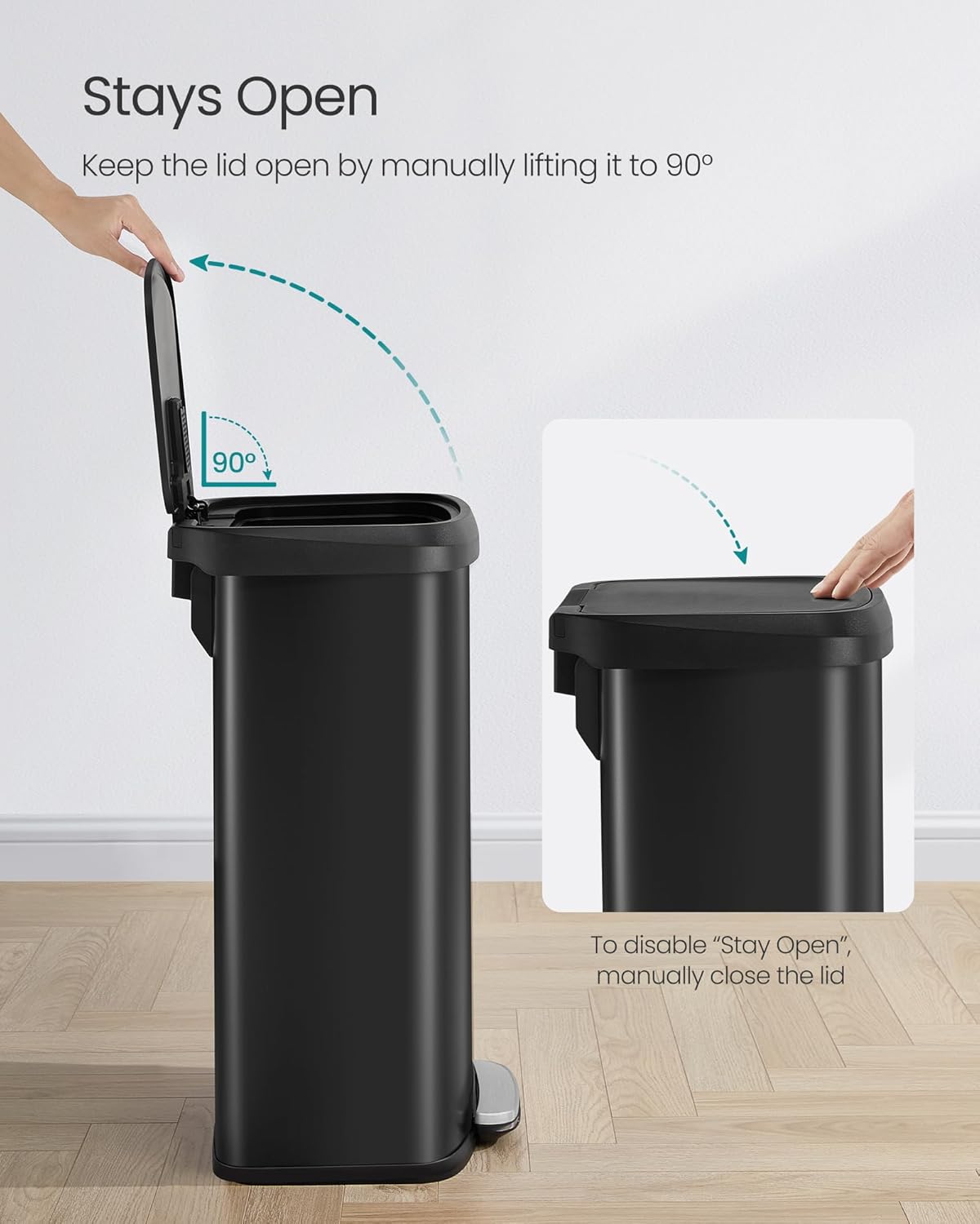SONGMICS Kitchen Trash Can, 21 Gallon (80 L) Stainless Steel Garbage Can, with Stay-Open Lid and Step-on Pedal, Soft Closure, Tall, Large and Space-Saving, Black ULTB534B01