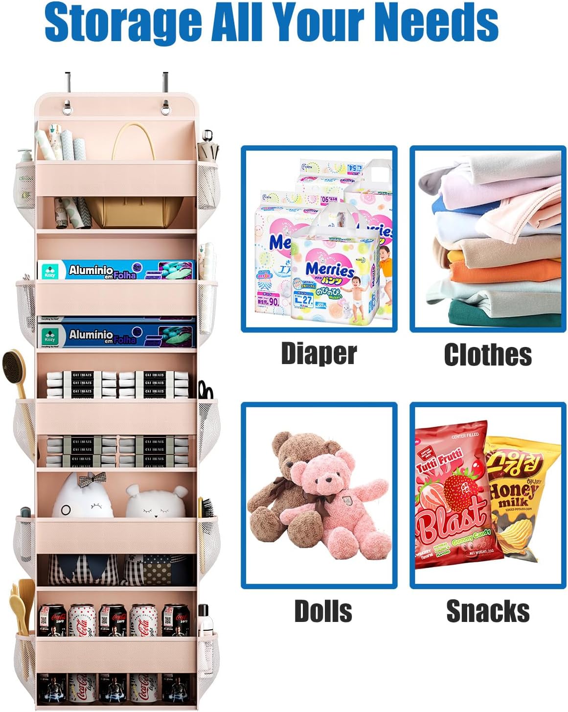 Over The Door Storage Organizer, RV Bathroom Organizer, Over The Door Organizer Camper Storage and Organization, 5 Shelf Hanging Over Door Organizer for Camper, Bathroom, Bedroom, Closet-Pink