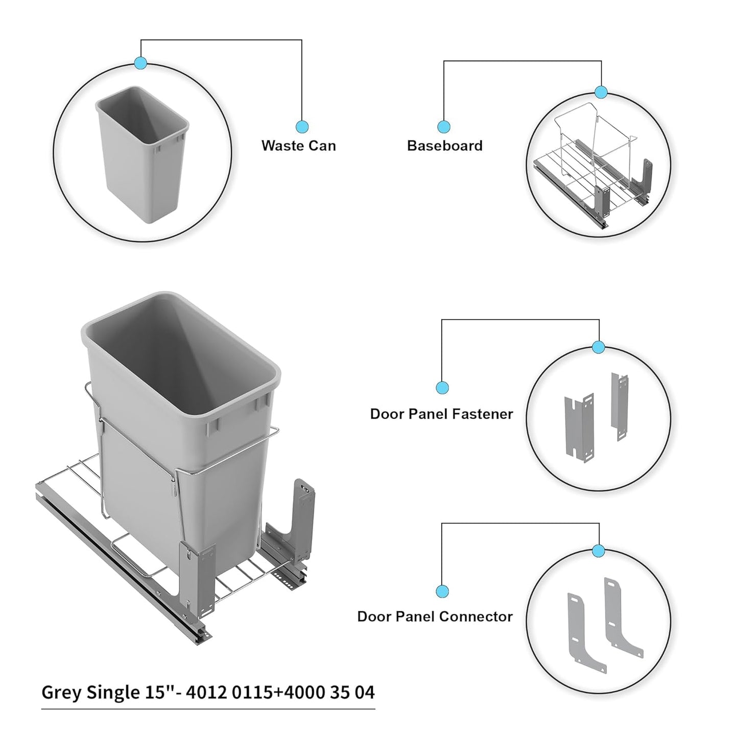 Dowell B15 Aluminum Base Wastebasket Pullout with Door Mount and 50Qt/13Gal Plastic Bin (4012 0115+50)