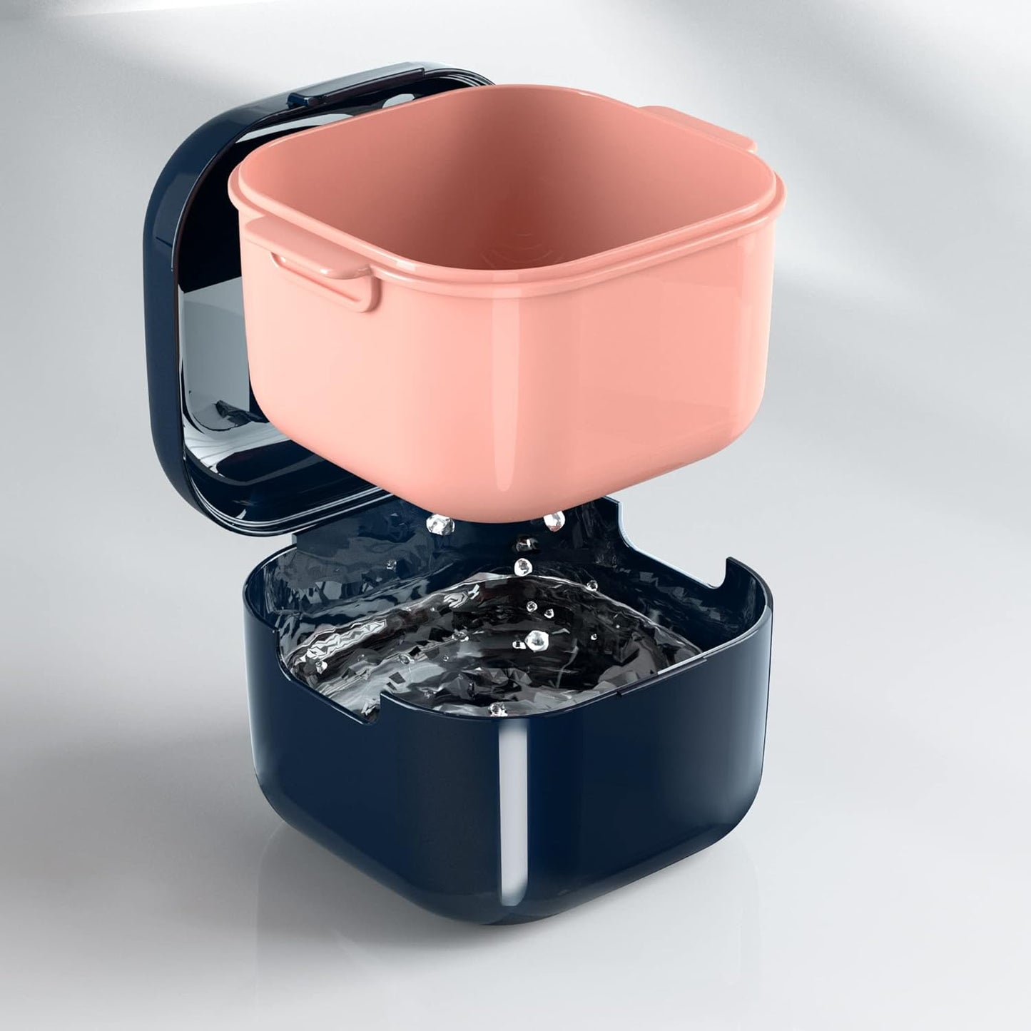 Denture Cup,Retainer Case,Cute Night Mouth Guard Box Holder, Storage Soak Container with Strainer basket for Travel Cleaning (Blue)