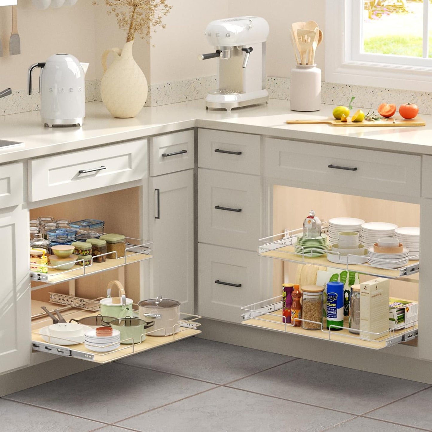 ROOMTEC 2 Tier Individual Pull Out Cabinet Organizer 25½"W x 21½"D, Slide Out Wood Shelves Organizers, Pull Out Drawers Organization and Storage for Kitchen Cabinet