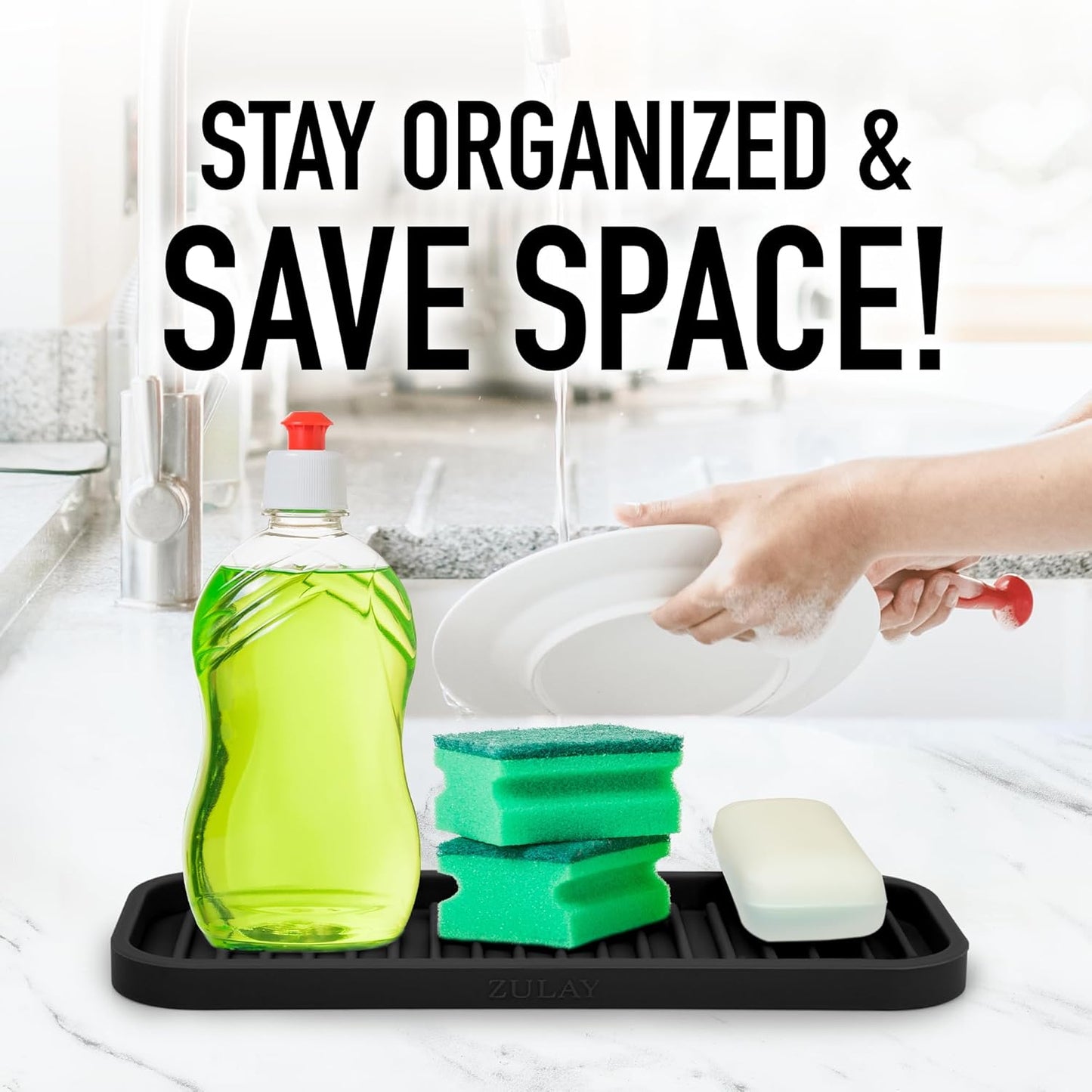 Zulay Kitchen (9x3.5) Silicone Sponge Holder for Kitchen Sink - Flexible Multipurpose Soap Tray Sponge Holder - Sink Organizer Tray for, Bathroom, Makeup, Trinkets & More (Black)
