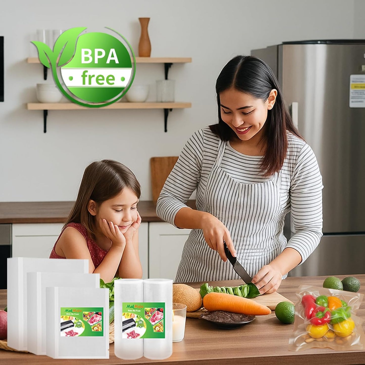 MakMeFre 150 Count Vacuum Sealer Bags 50 of Each Size 50 Pint 6"X10",50 Quart 8"X12"and 50 Gallon11"X16" BPA Free Sous Vide Seal a Meal Vaccume Seal Pre-Cut Combo Pack Bag