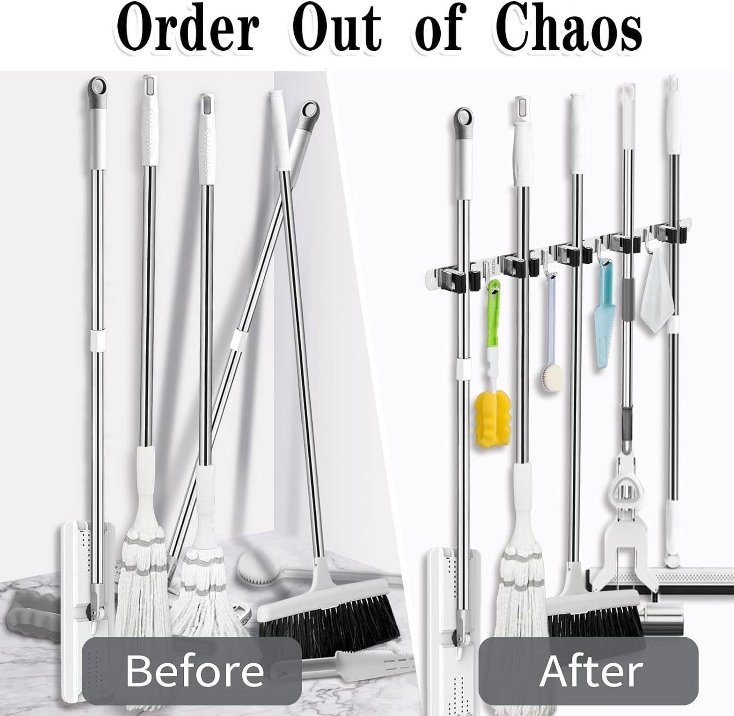 2 Pack Mop and Broom Holder Wall Mount, 5 Racks and 4 Hooks Broom Organizer Storage Tool Racks Stainless Steel Heavy Duty Hooks Self Adhesive Solid Non-slip for Home Kitchen Garden Laundry Garage