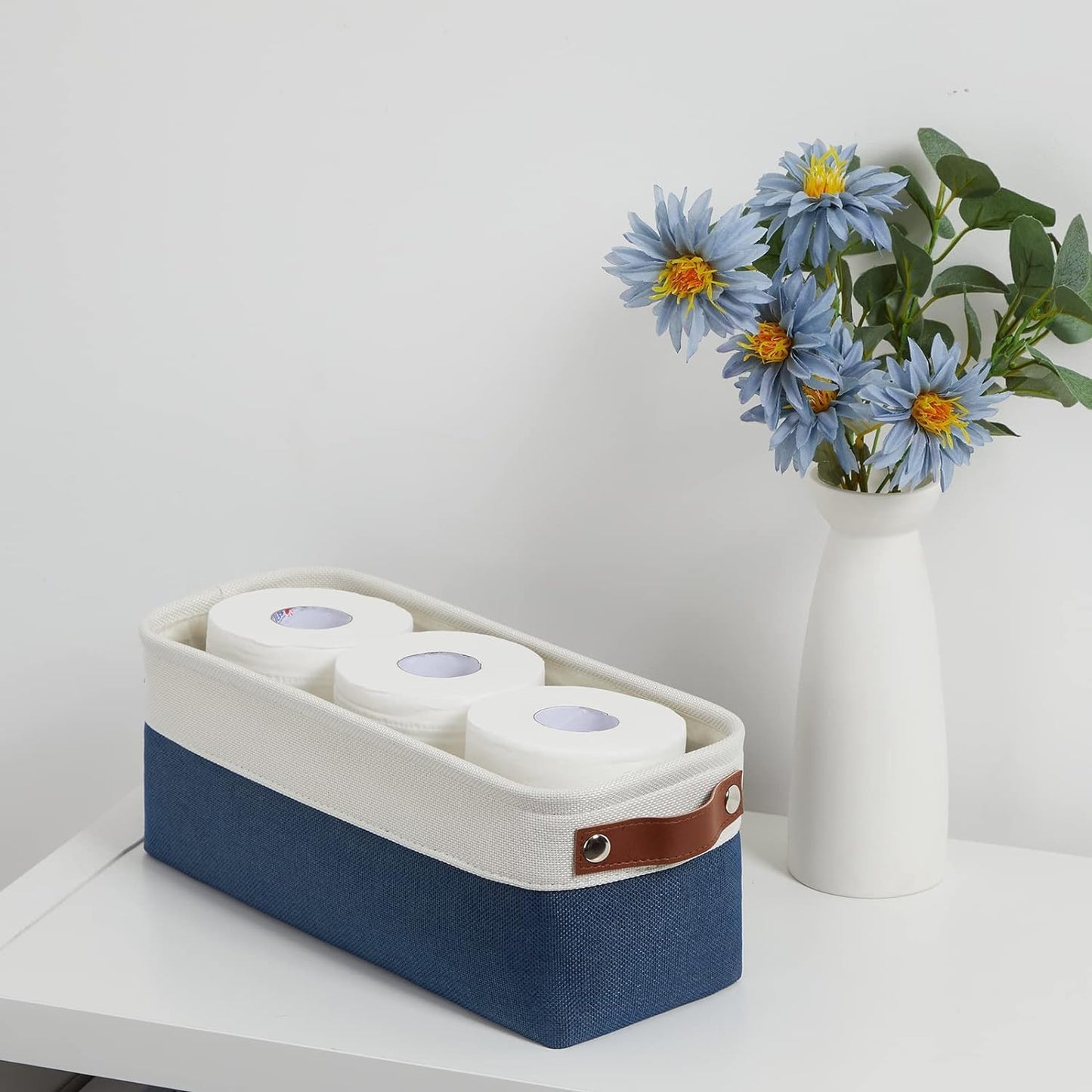 DULLEMELO Narrow Storage Basket,Toilet Paper Basket with Leather Handles for Back of Toilet, Vanities, Shelves & Cabinets (White&Blue-1 Pack)
