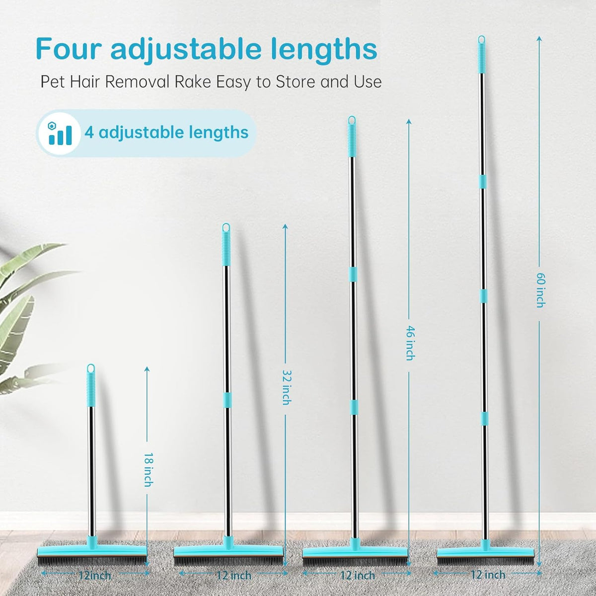 Carpet Rake - 60" Long Handle Pet Hair Removal with Metal Fabric Edge Design,Carpet Rake for Pet Hair Removal, Dog Cat Fur Remover Rubber Broom,Rug,Car Mat,Couch,Pet Bed,Furniture(4 Pack)
