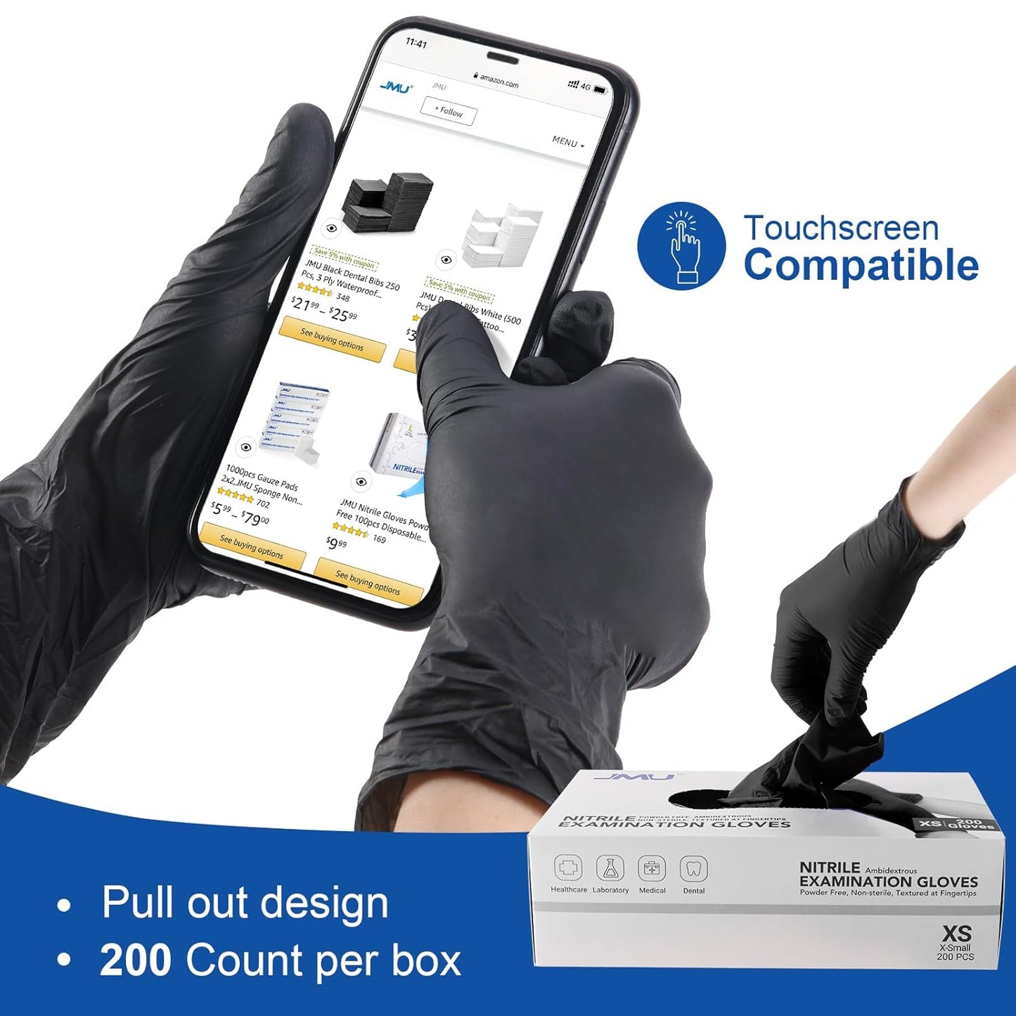 JMU Black Nitrile Gloves XL, 3.5Mil Disposable Nitrile Exam Gloves Latex Free Powder Free, 4000 Pcs