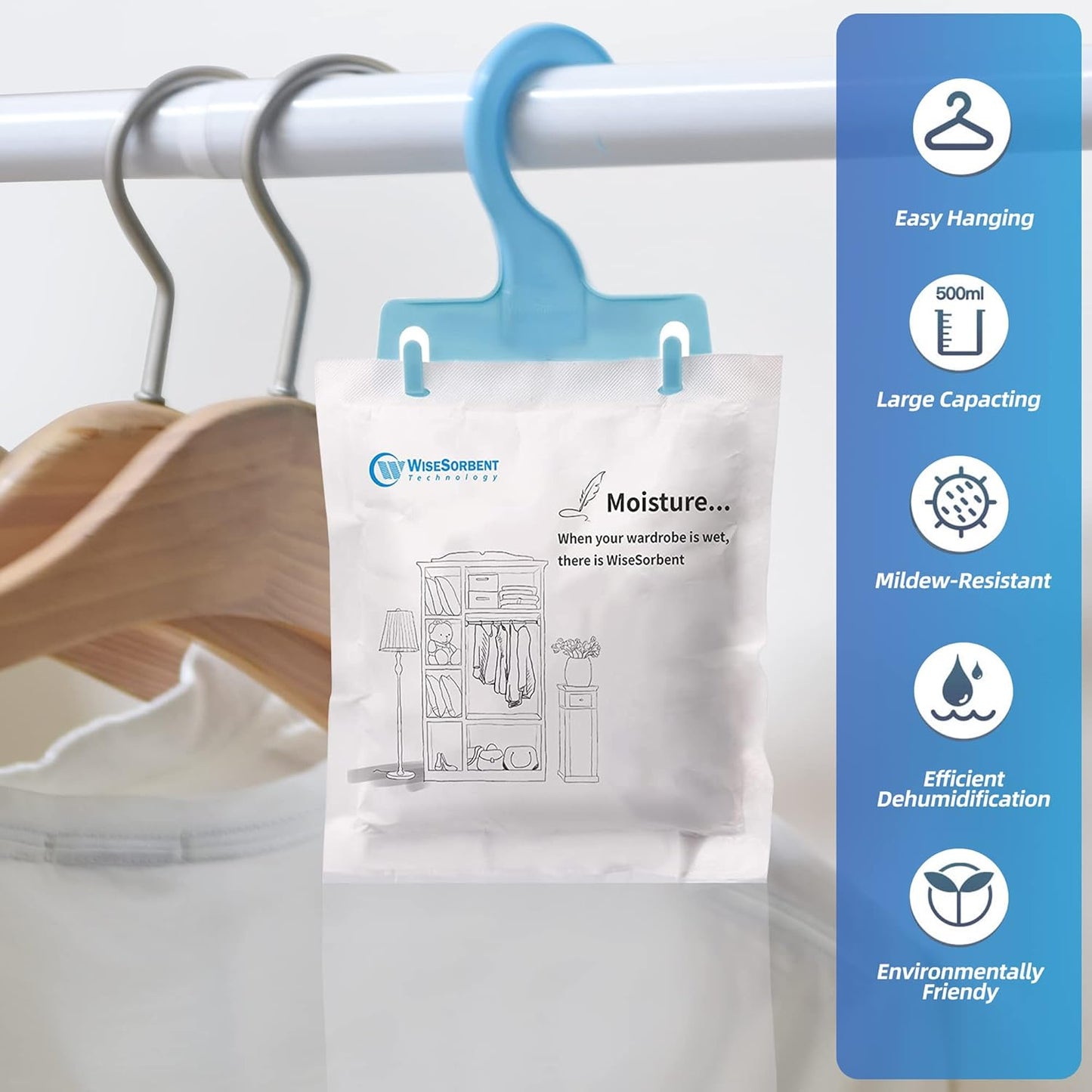 12 Pack (7 oz. ea.) Moisture Absorber Refill Hanging Bags, Moisture Absorber Packets with Reusable 6pcs Hooks, Humidity Packs, Hanging Closet Dehumidifier Bags