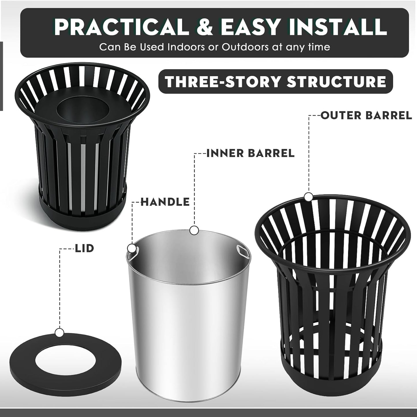8Gallon Round Large Outdoor Trash Can, Heavy Duty Metal Slatted Garbage Can Outdoor, All Weather Resistant Commercial Garbage Cans, Waste Receptacle in Park, School, Beach, Patio (Black, Medium)