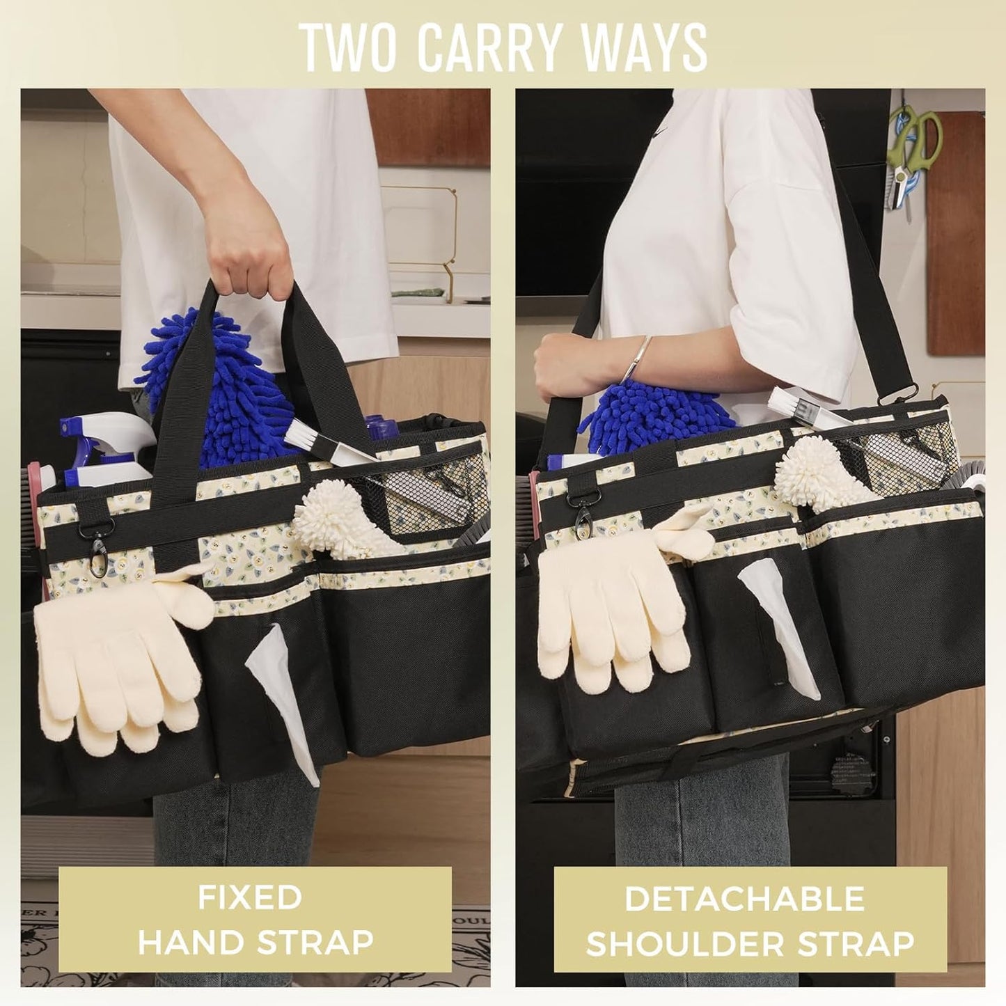 Wearable Cleaning Caddy, Cleaning Caddy Supplies Organizer with Handle & Shoulder Straps for Housekeepers, Under Sink & Car Cleaning Tool Organizers Bag with 4 Foldable Divider (YellowFlower)