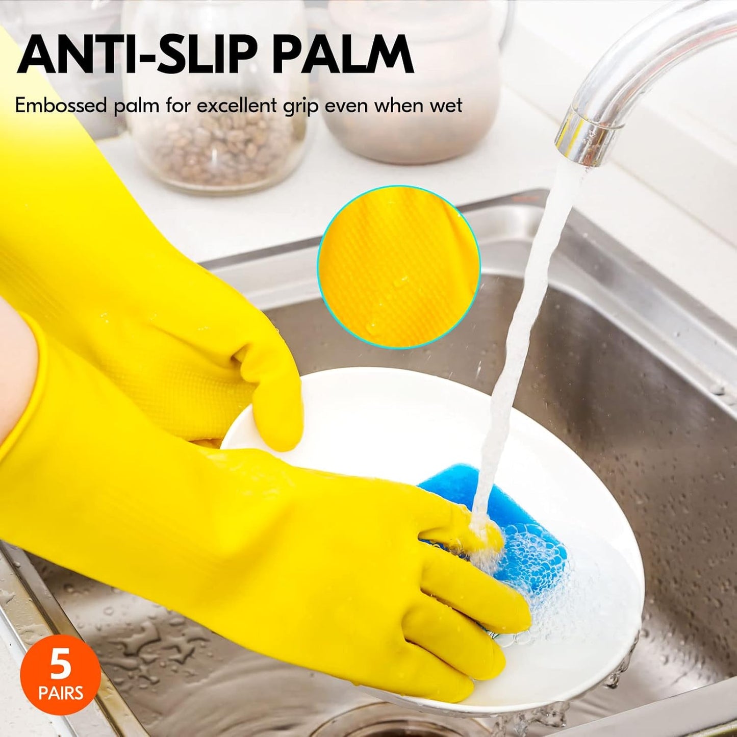 Vgo... 5-Pairs Reusable Household Gloves, Rubber Dishwashing gloves, Extra Thickness, Long Sleeves, Kitchen Cleaning, Working, Painting, Gardening, Pet Care (Size S, Yellow, HH4601)