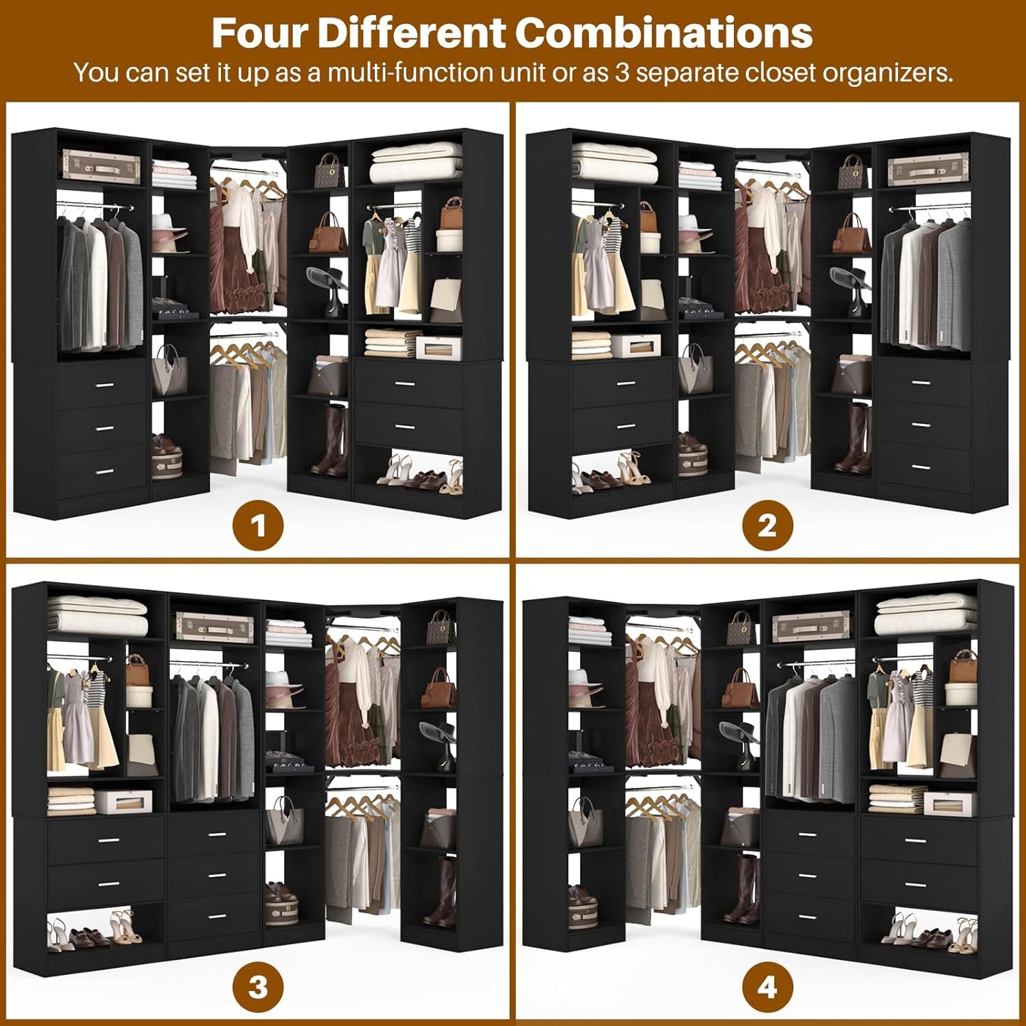 Corner Closet System with 5 Drawers, Closet Organizer System with 15+Shelvess & 4 Hanging Rods, 63.2"L * 63.2"W / 87.2"L * 39.2"W Reversible L Shaped Walk-in Closets, Load 2500+LBS, Black