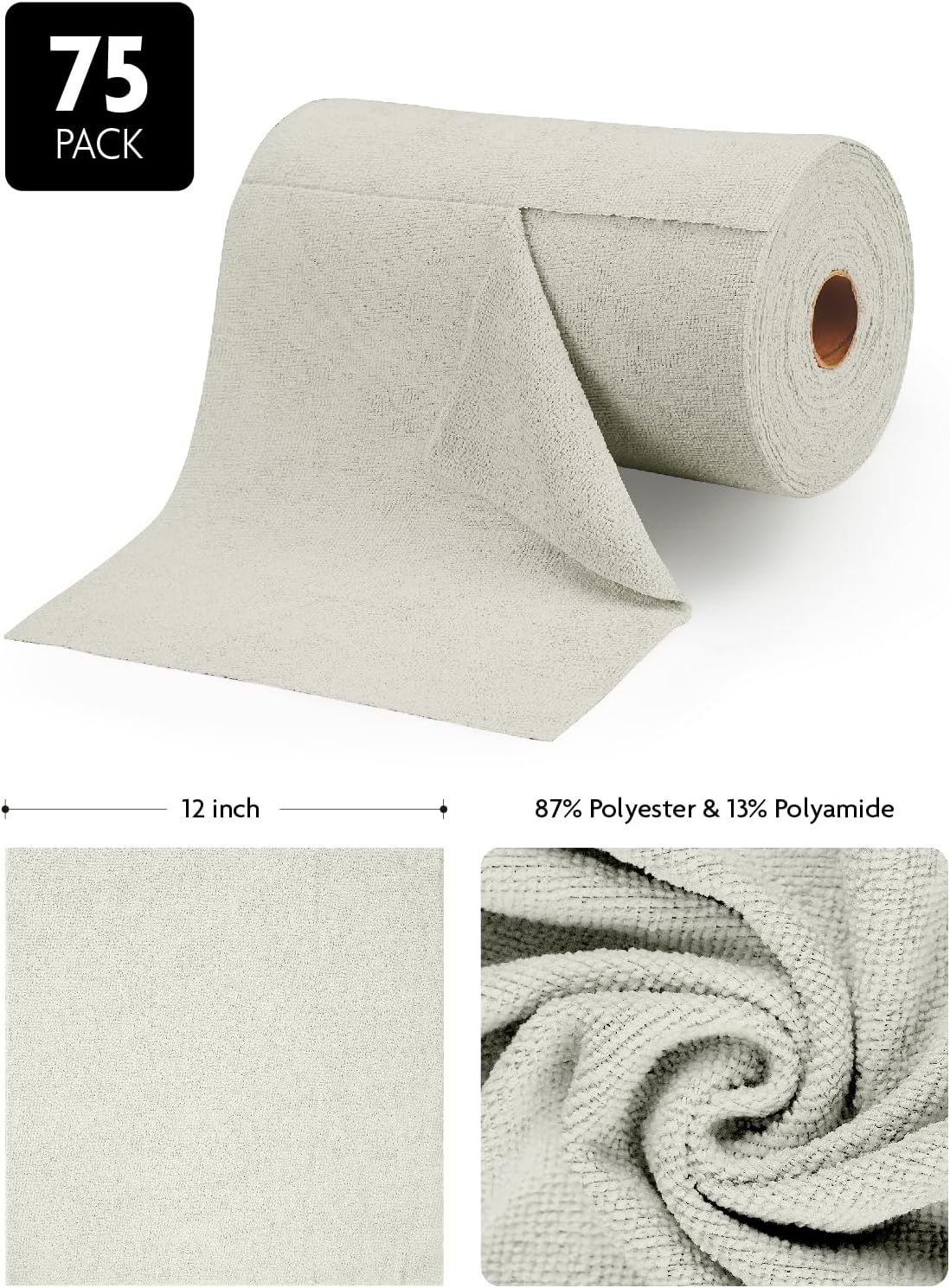 Fantasticlean Microfiber Cleaning Cloth Roll -75 Pack, Tear Away Microfiber Towels, 12" x 12", Reusable, Washable, Scratch Free, Ultra Absorbent Dishcloth for Home Supplies, Car, Pet (Cool Grey)