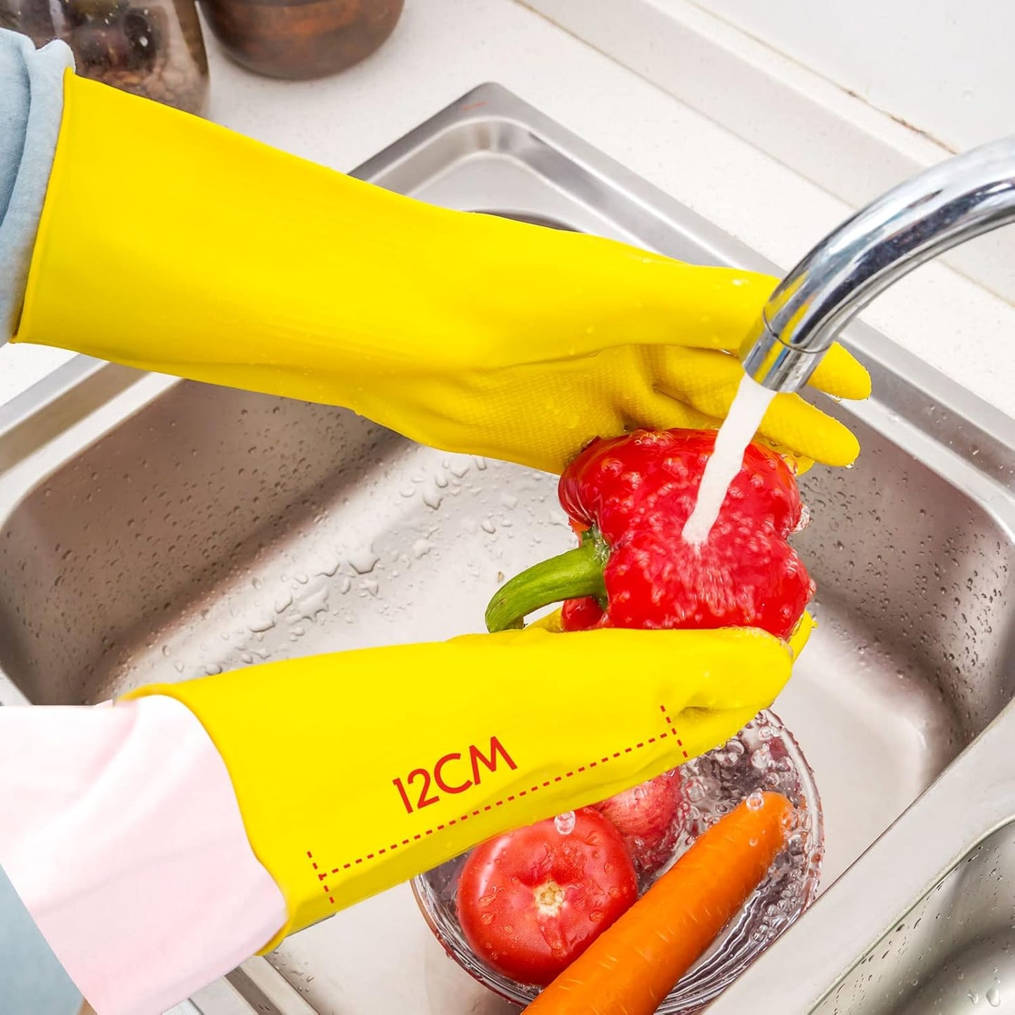 Vgo... 1-Pair Reusable Household Gloves, Rubber Dishwashing gloves, Extra Thickness, Long Sleeves, Kitchen Cleaning, Working, Painting, Gardening, Pet Care (Size S, Yellow, HH4601)