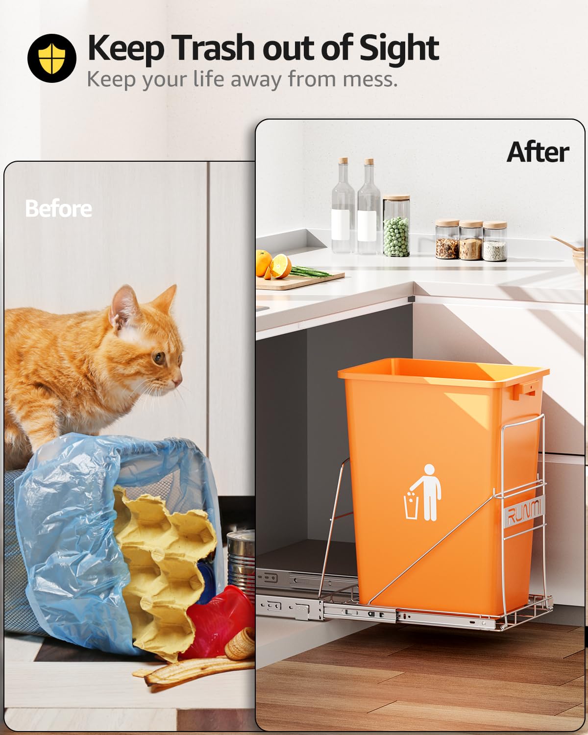 Pull Out Trash Can Under Cabinet,Heavy Duty Slide-Out Cabinet Kit, Adjustable Cabinet Trash Can Organizer, Under Sink Trash Can Shelf for Kitchen (Not Include Can)