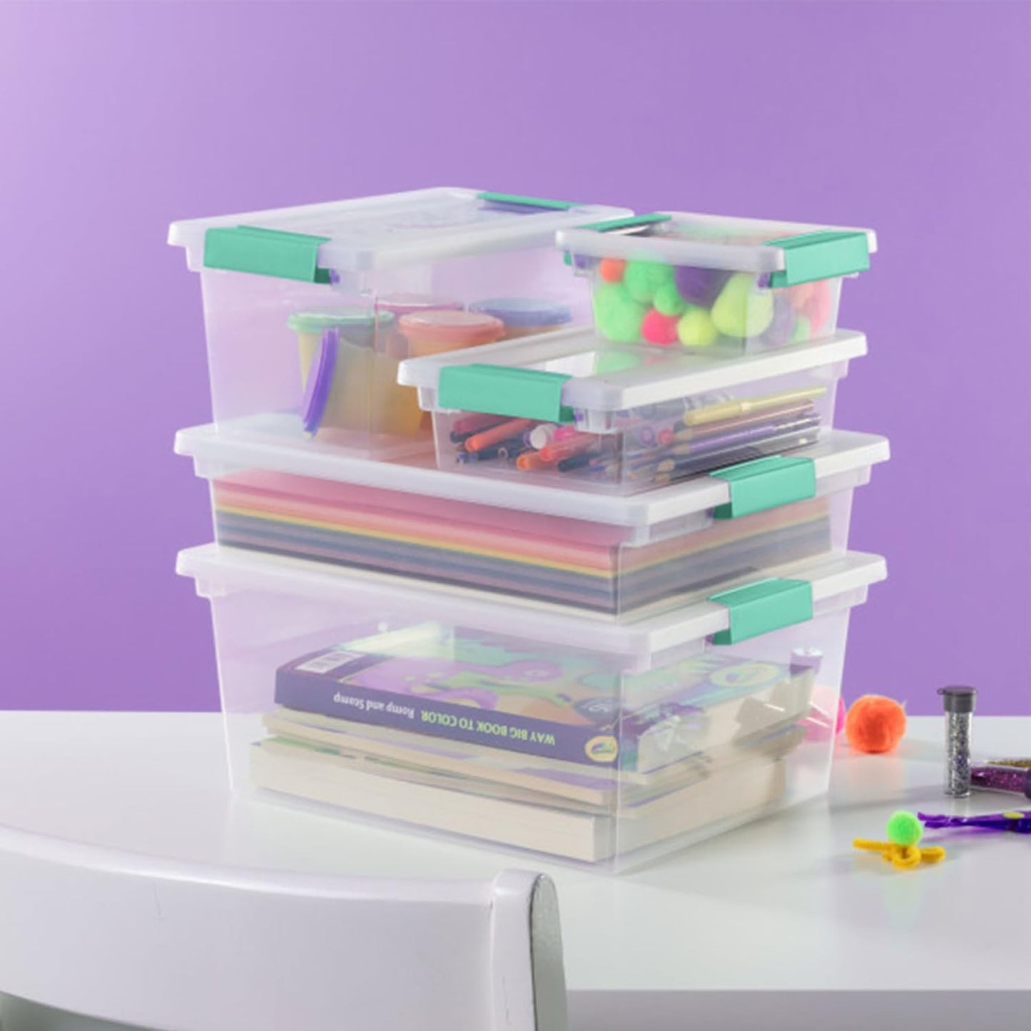 Sterilite 6-Pack Clip Box, Stackable Clear Plastic Bins with Latching Lids, Small - Writing, Arts or Crafts Supplies Storage Containers for Home, Office, Classroom and Workshop Organization
