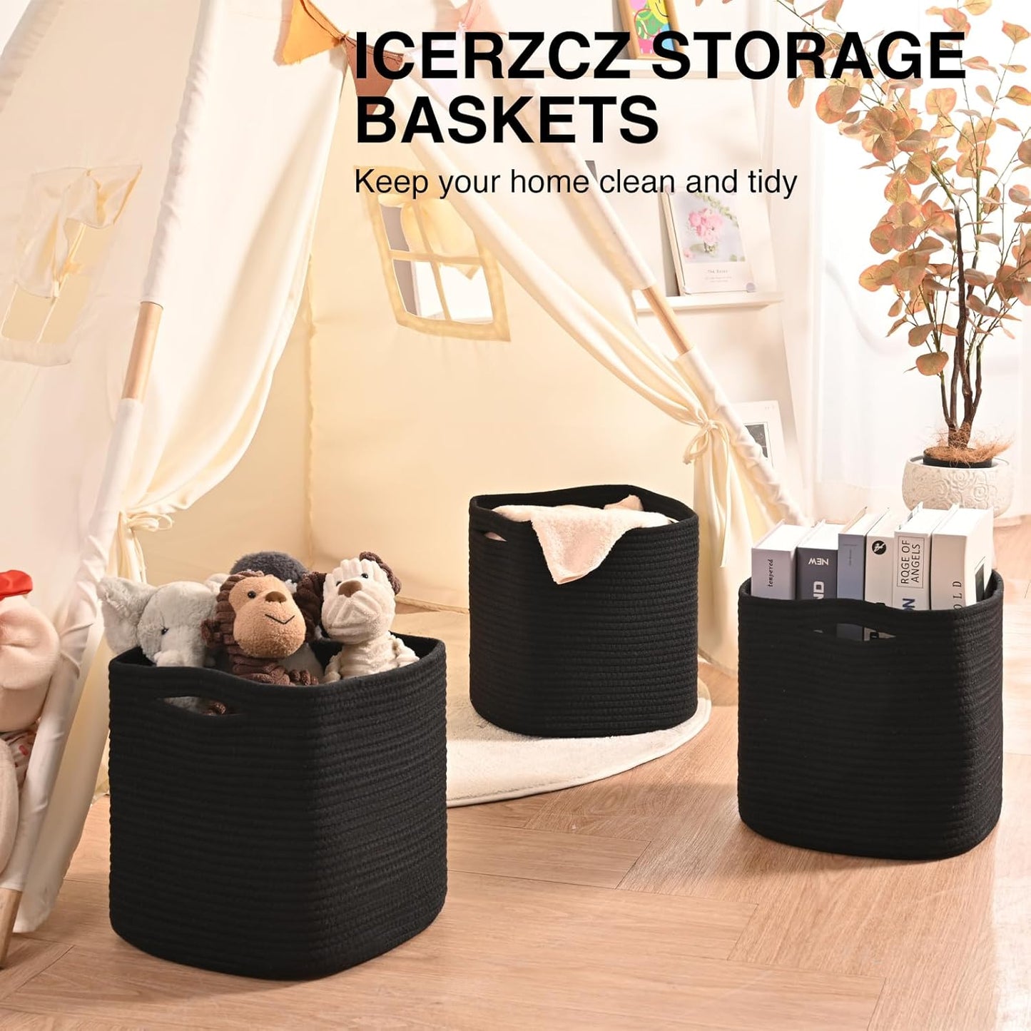 11 Inch Cube Storage Bins, Storage Cube Organizer Bins, Woven Cotton Rope Basket for Storage, Storage Baskets for Organizing Shelves, Square Baskets for Toys, Black (Pack of 3)