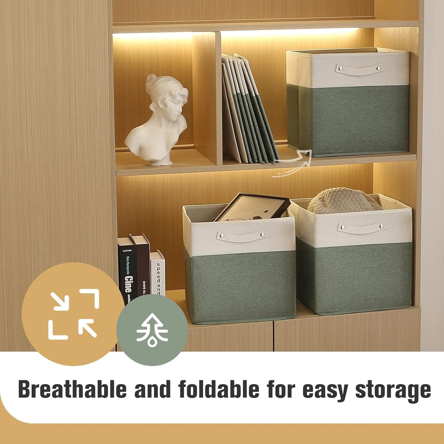 13 x 13 Inch Fine Linen Storage Bins with Handles,Fabric Cube Boxs,Collapsible Basket Organizers for Shelves for Home, Closet Drawers (White/Green-6 Pack)