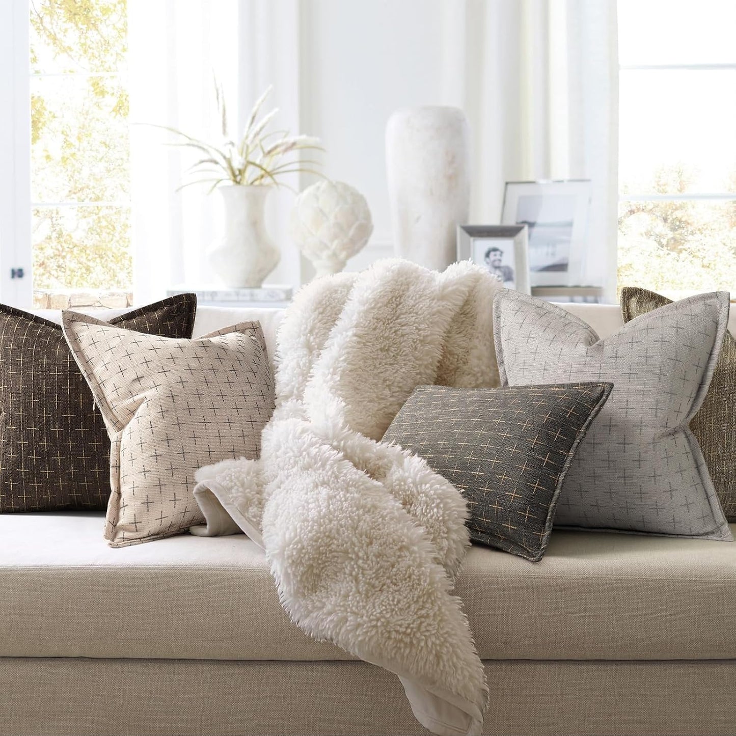 ZWJD Pillow Covers 22x22 Set of 2 Soft Polyester Textured Pillow Covers with Stylish Flange Edge Cozy Farmhouse Throw Pillows for Couch Bed Sofa Living Room