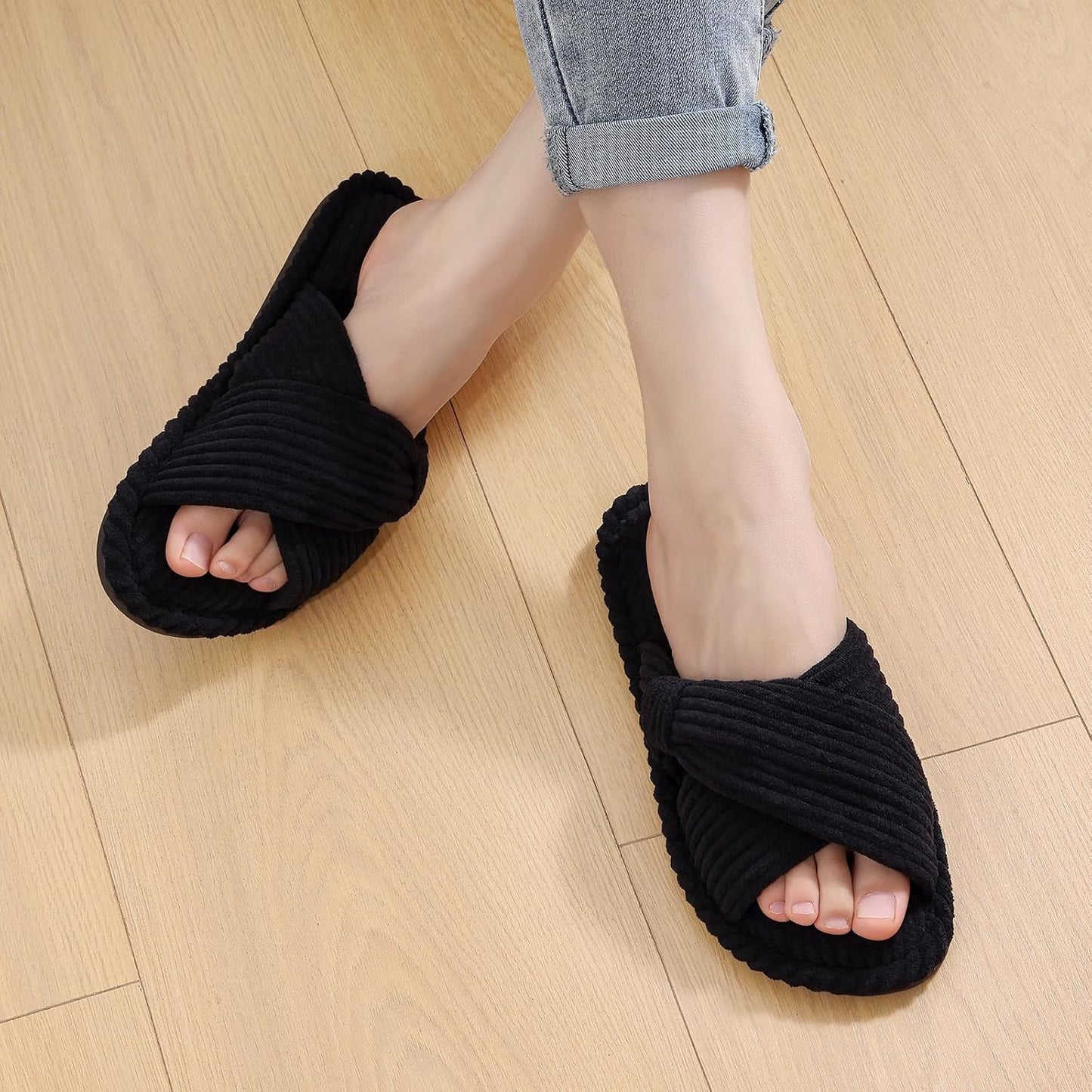 Evshine Summer House Slippers for Women Corduroy Cross Bow Indoor Slippers Open Toe Slip On Bedroom Shoes with Memory Foam