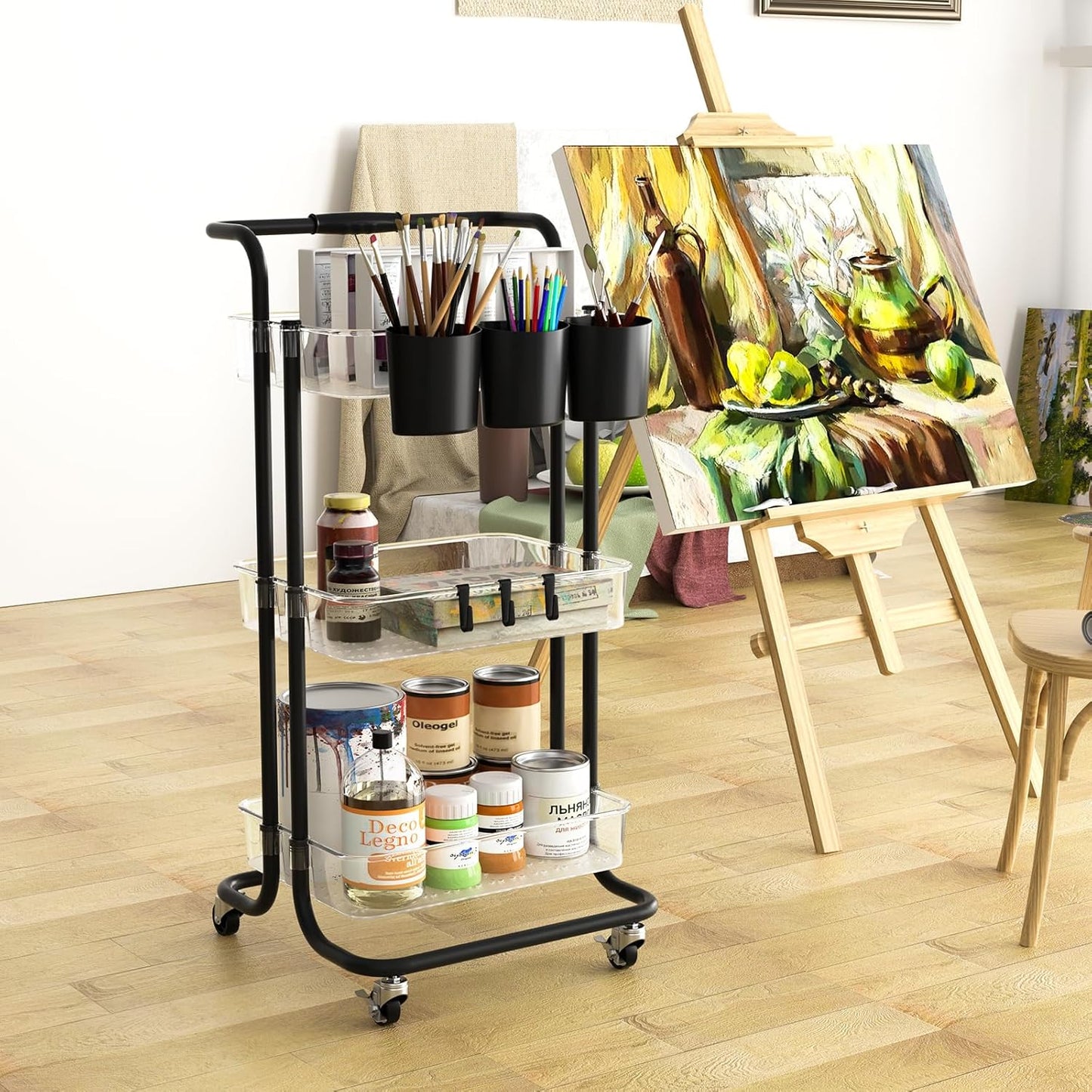 3 Tier Rolling Cart with Metal Handle, Hanging Cups, Hooks, Plastic Storage Baskets & Wheels Lockable, Utility Craft Cart for Bathroom Classroom Office Kitchen Pantry Organizers and Storage, Clear