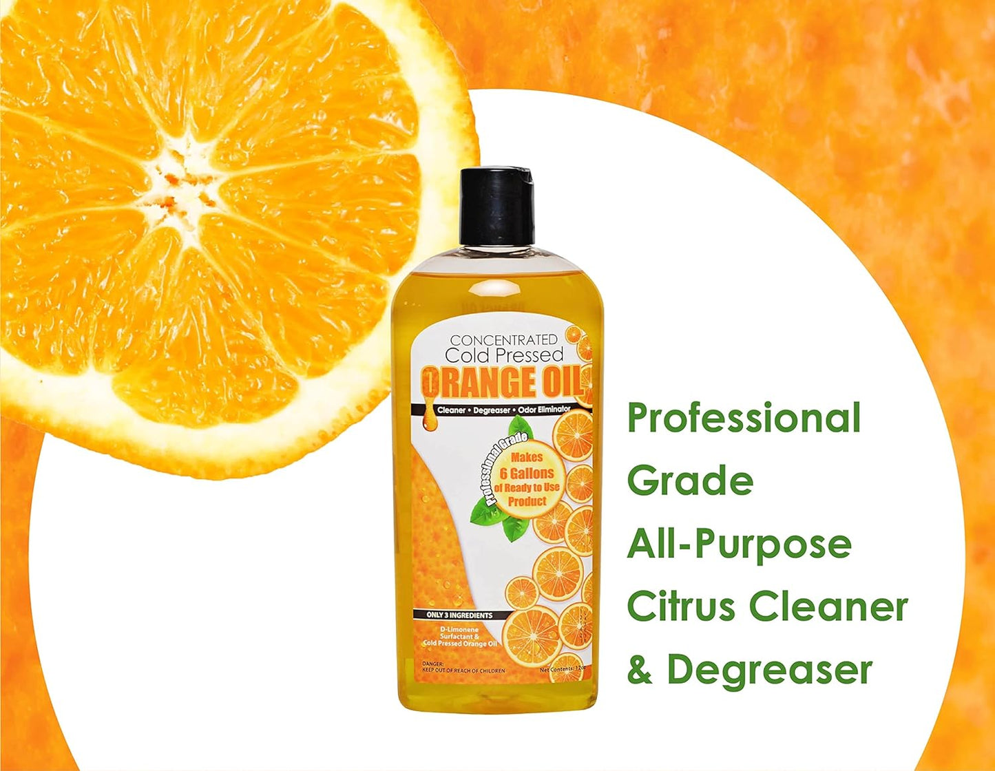 Cold Pressed Orange Oil Concentrate |12-ounce Professional Grade All-Purpose Citrus Cleaner, Degreaser & Pet Odor Eliminator Blend | Dilutes to 6 Gallons of Finished Product | Home and Outdoor Use